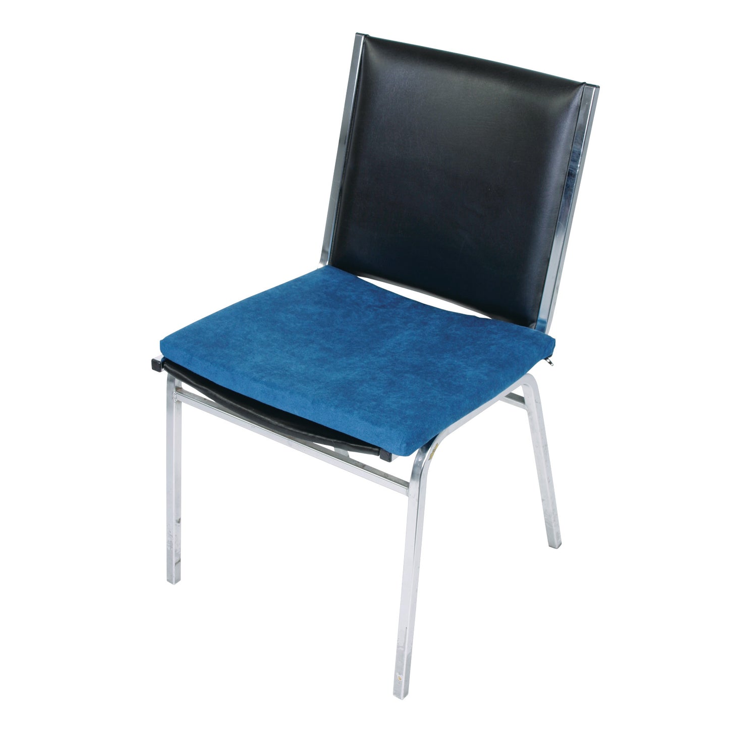 A chair with a blue AliMed T-Foam Seat Cushion and a black backrest, featuring a metal frame and legs.