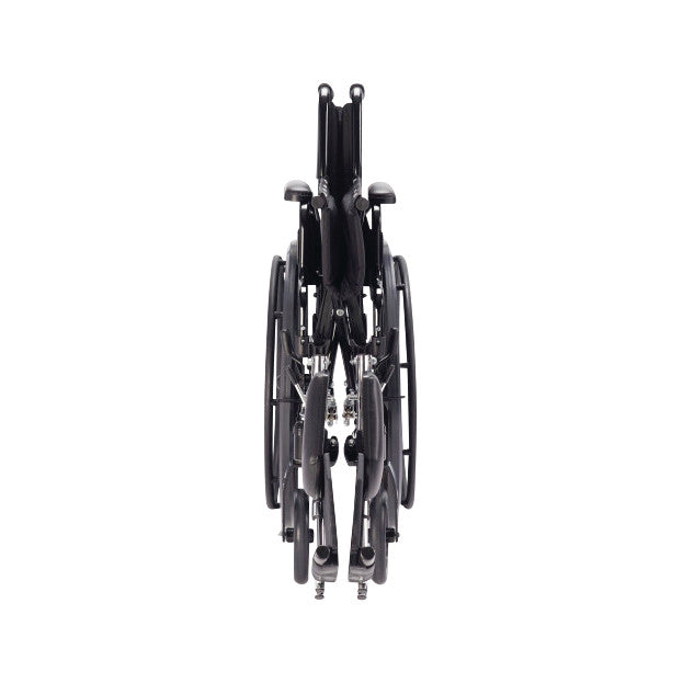 The Invacare 9000XT Wheelchair with Fixed-Height Full Arms and Swing-Away Footrests is shown folded, viewed from the front.