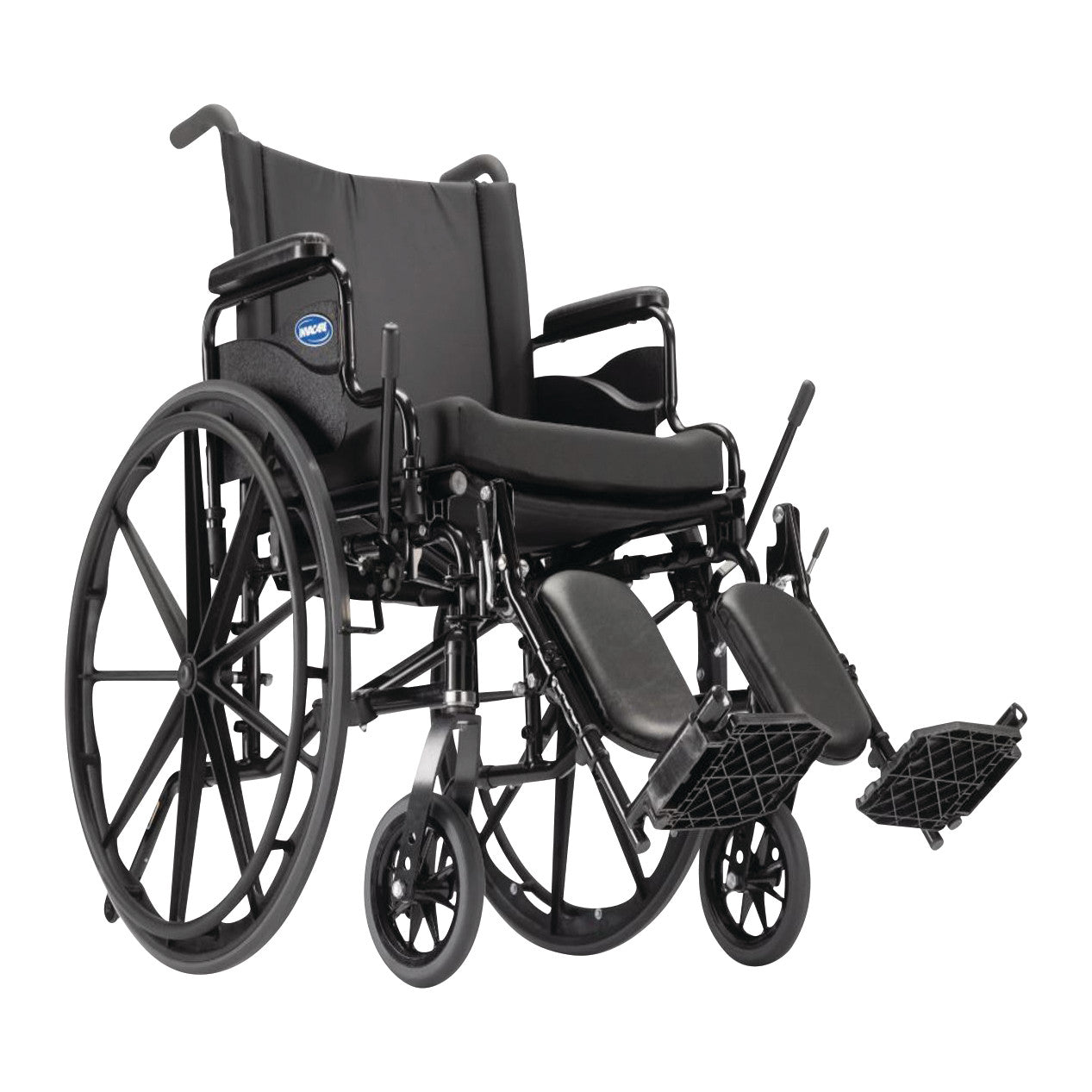 Invacare 9000 XDT Wheelchair with black upholstery, elevated leg rests, and large rear wheels designed for comfort and support.