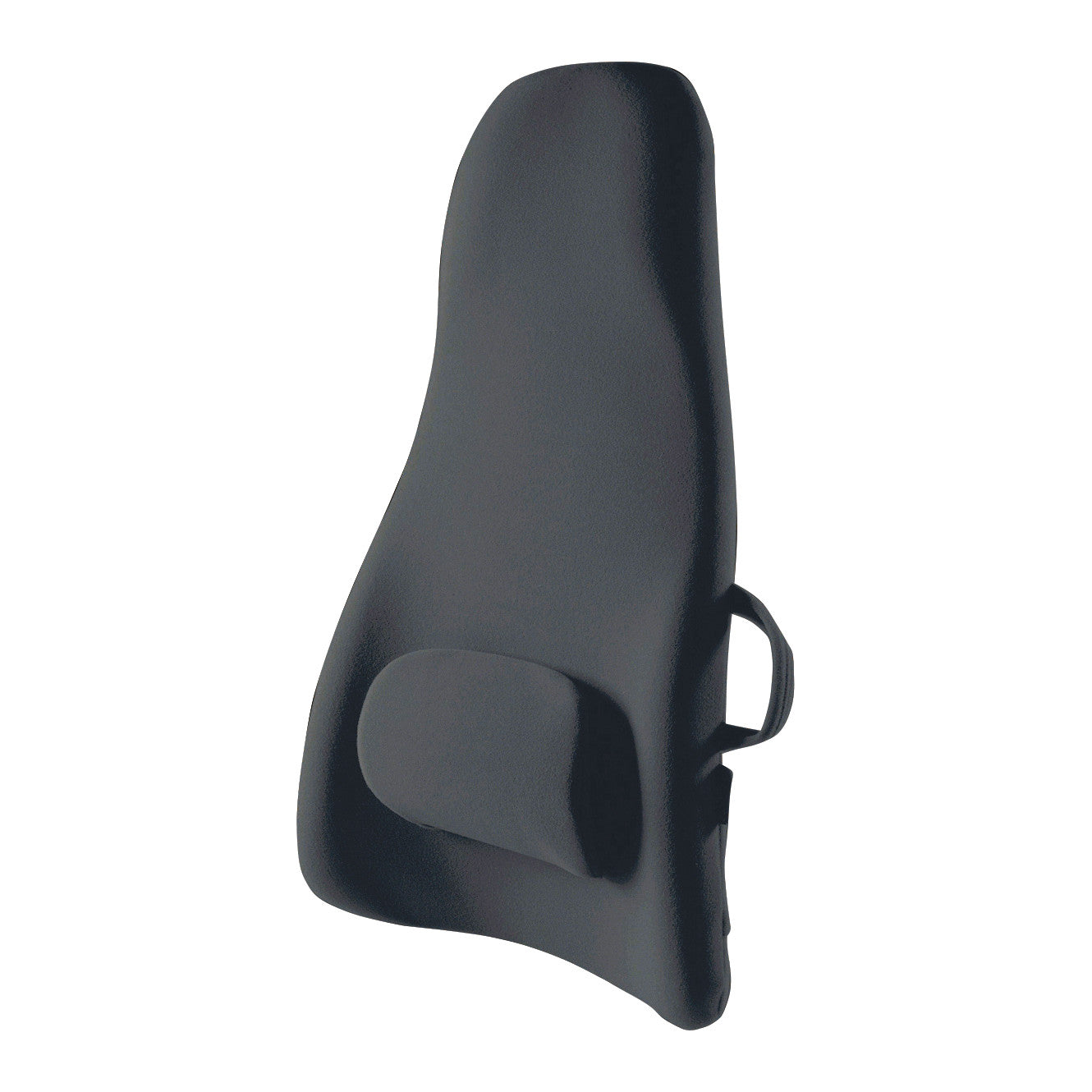 ObusForme HighBack Backrest Support in black, featuring an ergonomic design with an adjustable strap for lumbar support.