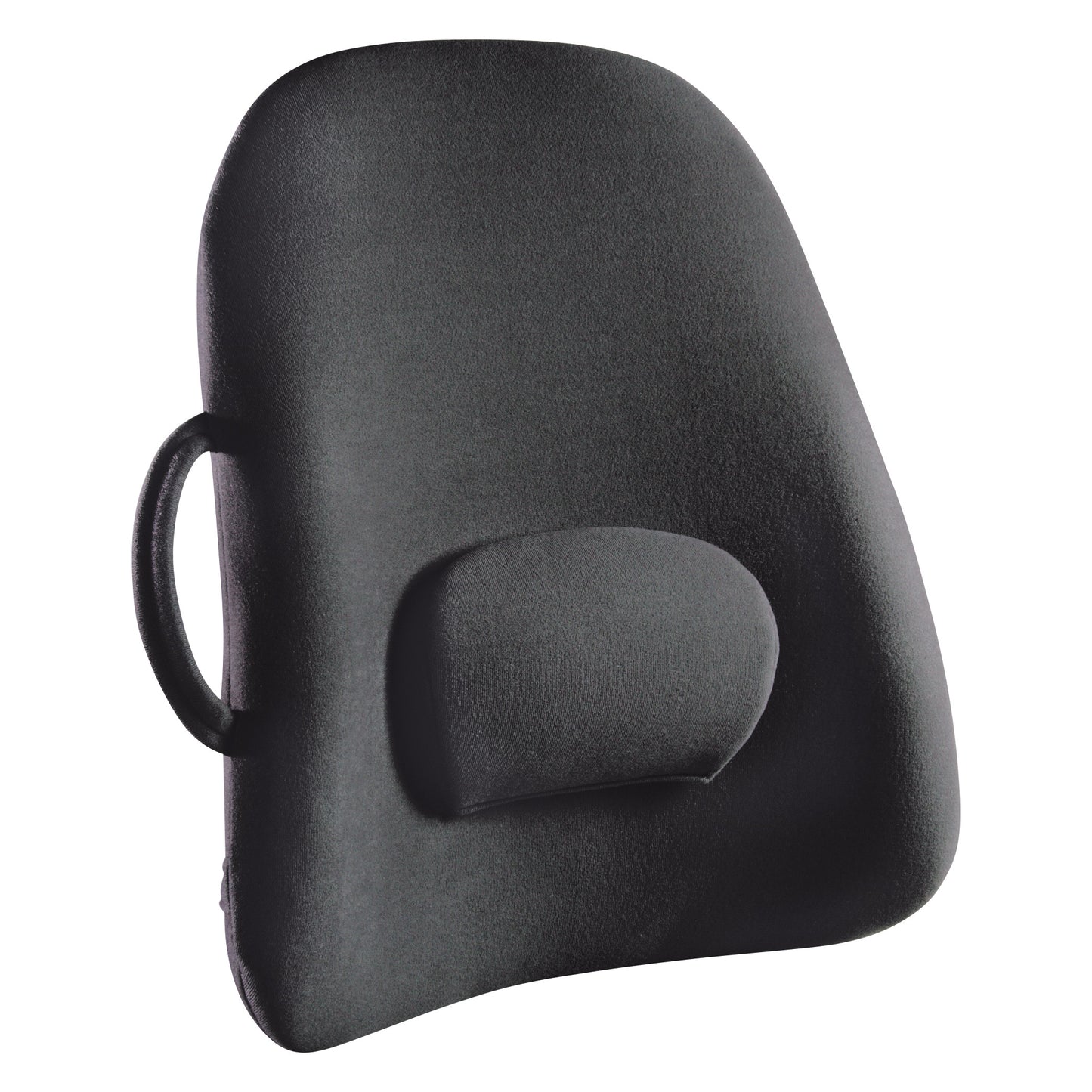 ObusForme LowBack Backrest Support in black, featuring an ergonomic design with an adjustable lumbar pad and a side handle.