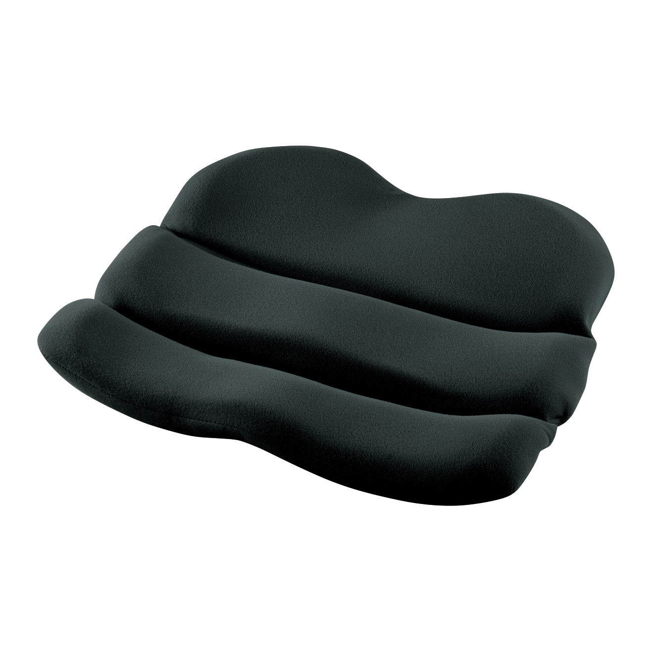 The ObusForme Contoured Seat Cushion is a black, ergonomically shaped cushion designed for comfort and support while sitting.
