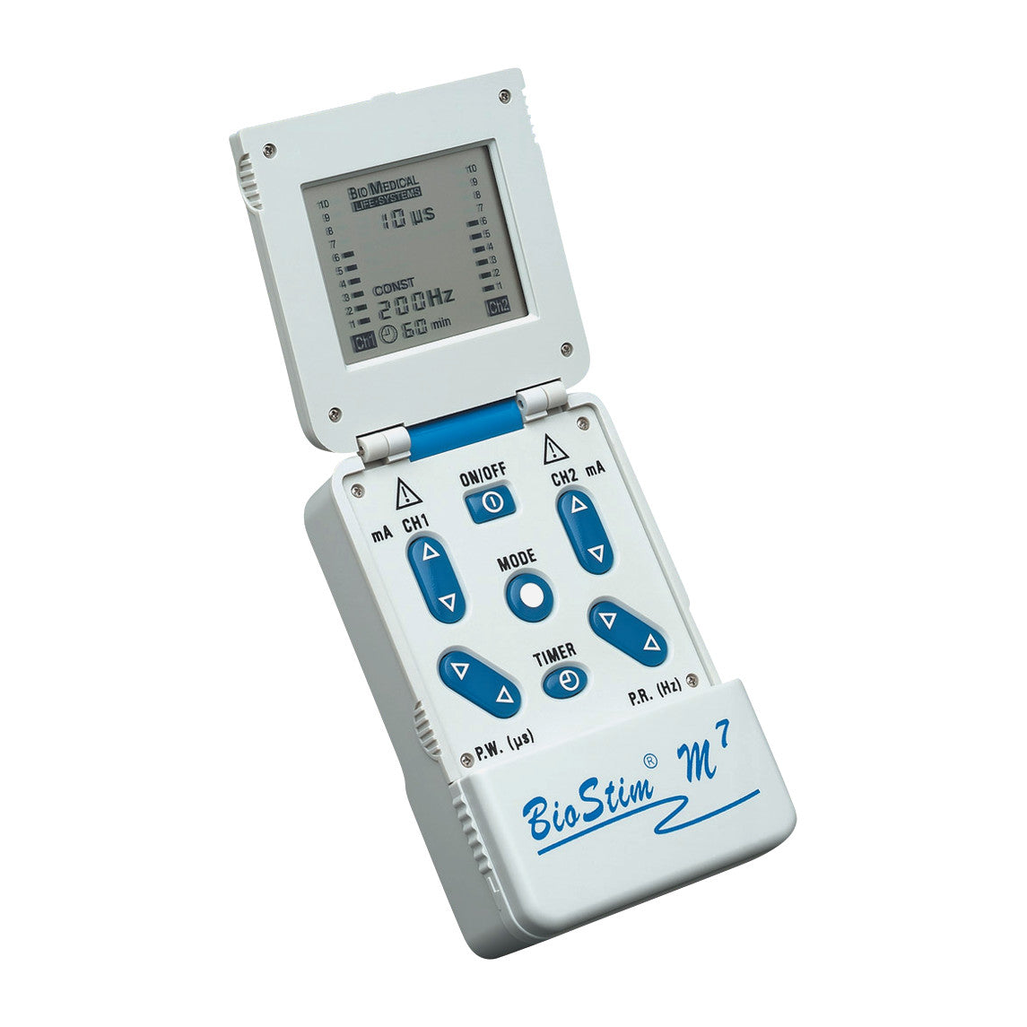 BioStim M7 TENS Unit with SD, featuring a flip-up screen and blue buttons, designed for therapeutic electrical stimulation.