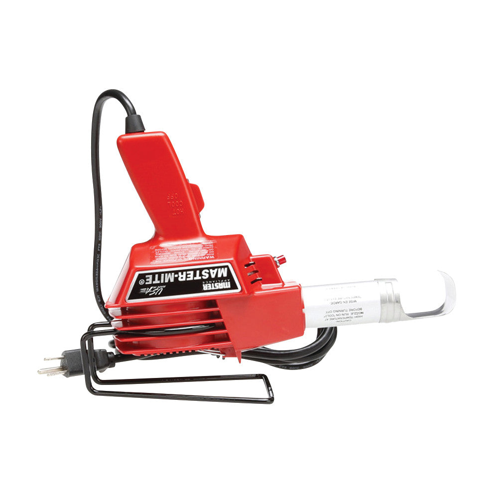 A red and black Master-Mite Heat Gun with a power cord, supporting stand, and nozzle attachment is shown from a side angle.