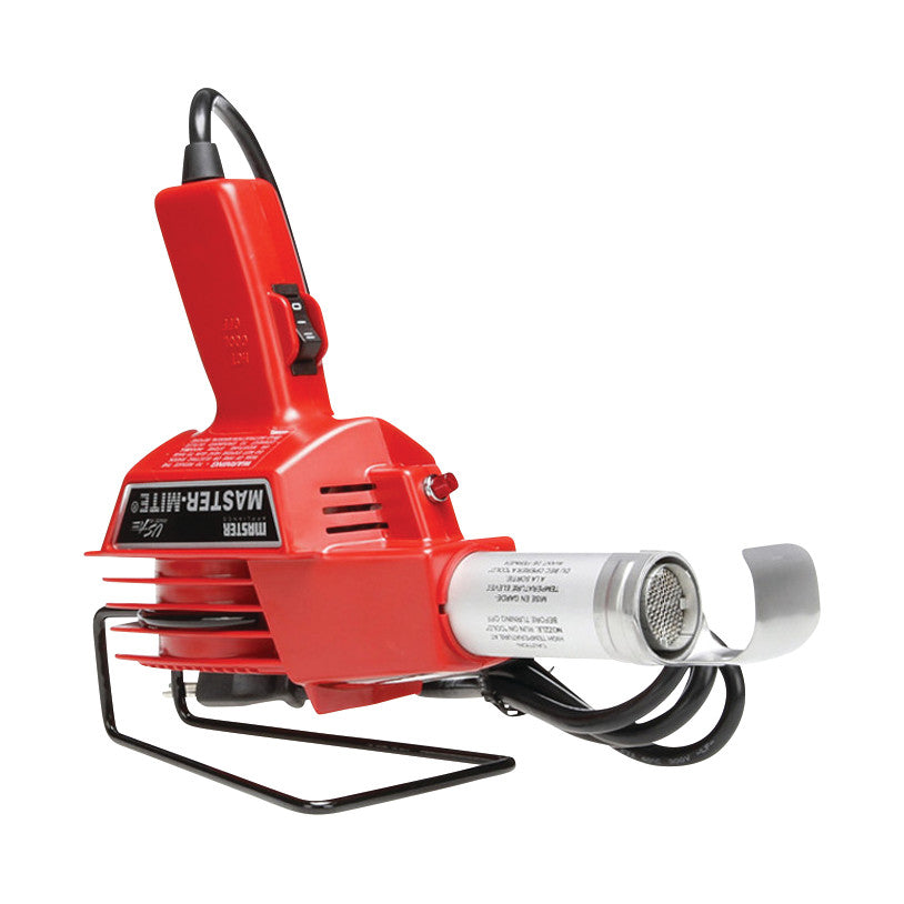 A red Master Master-Mite Heat Gun is shown, featuring a handle, nozzle, and a metal stand at the base for support.