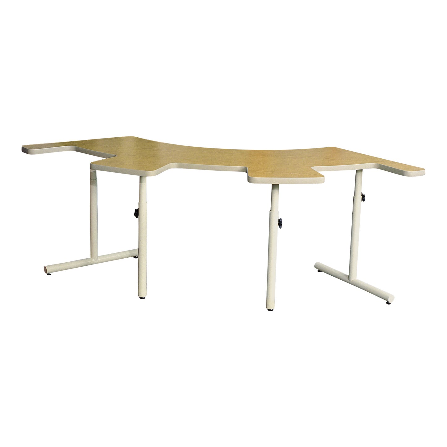 The AliMed Adjustable Therashape Table with Comfort Curves features a uniquely shaped wooden top and white metal legs.