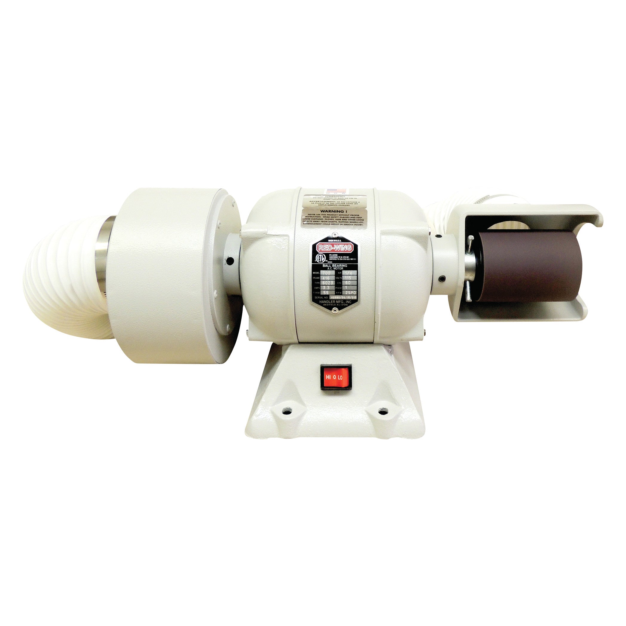 The Sani-Grinder Model 704 Drum Sander features a compact design with a sanding drum on one side and a covered abrasive wheel on the other.