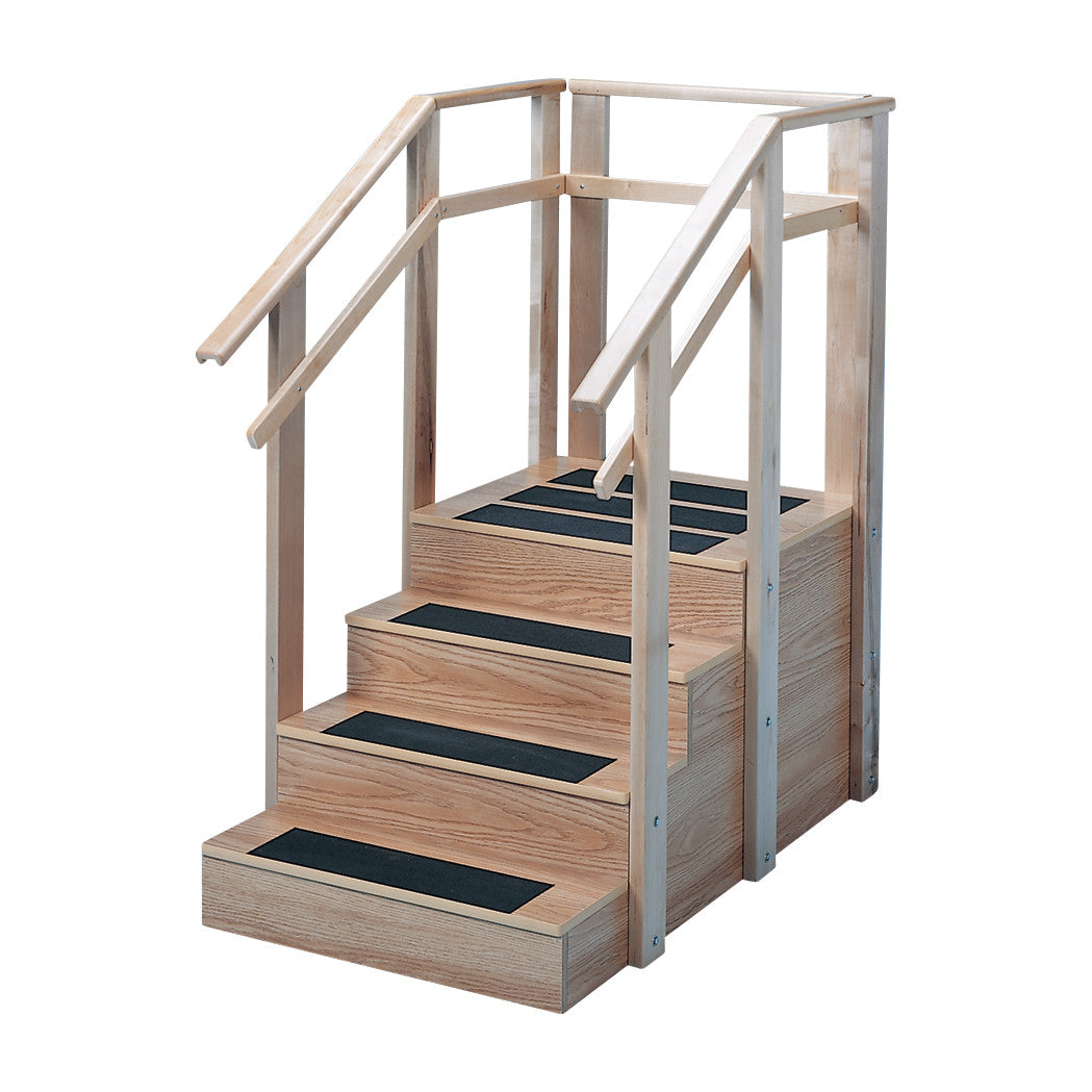The Hausmann One-Sided Straight-Type Staircase is a wooden staircase with black non-slip strips and wooden handrails on both sides.