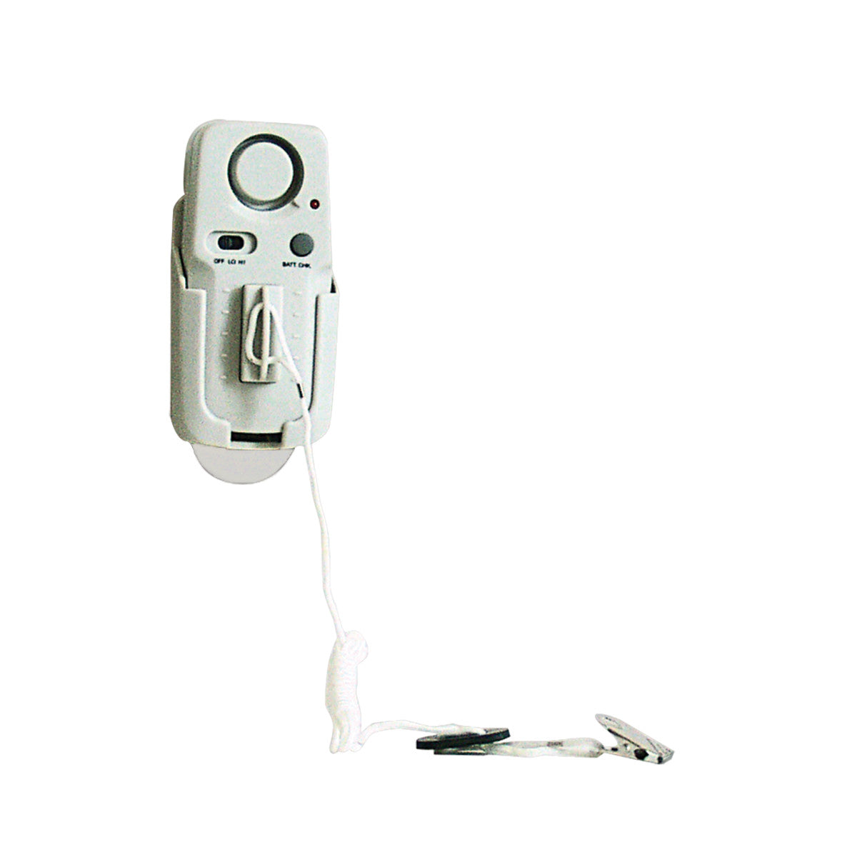 AliMed Toilet Alarm with a T-shaped clip and white cord for monitoring, featuring a speaker and buttons on a wall-mounted holder.