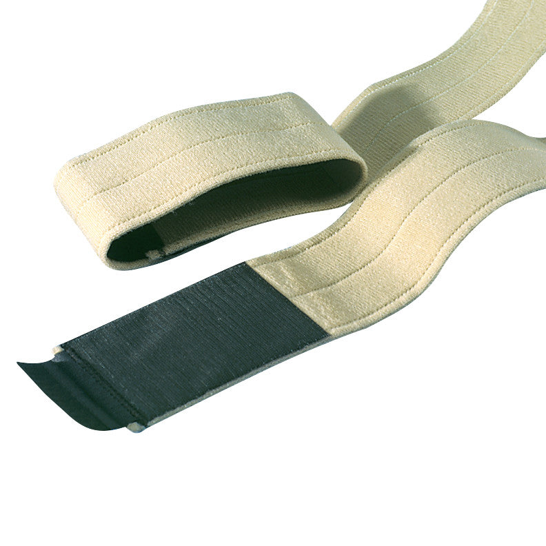 The AliMed Tilt Table Strap is a beige strap with a black section, designed for securing a patient to a tilt table.