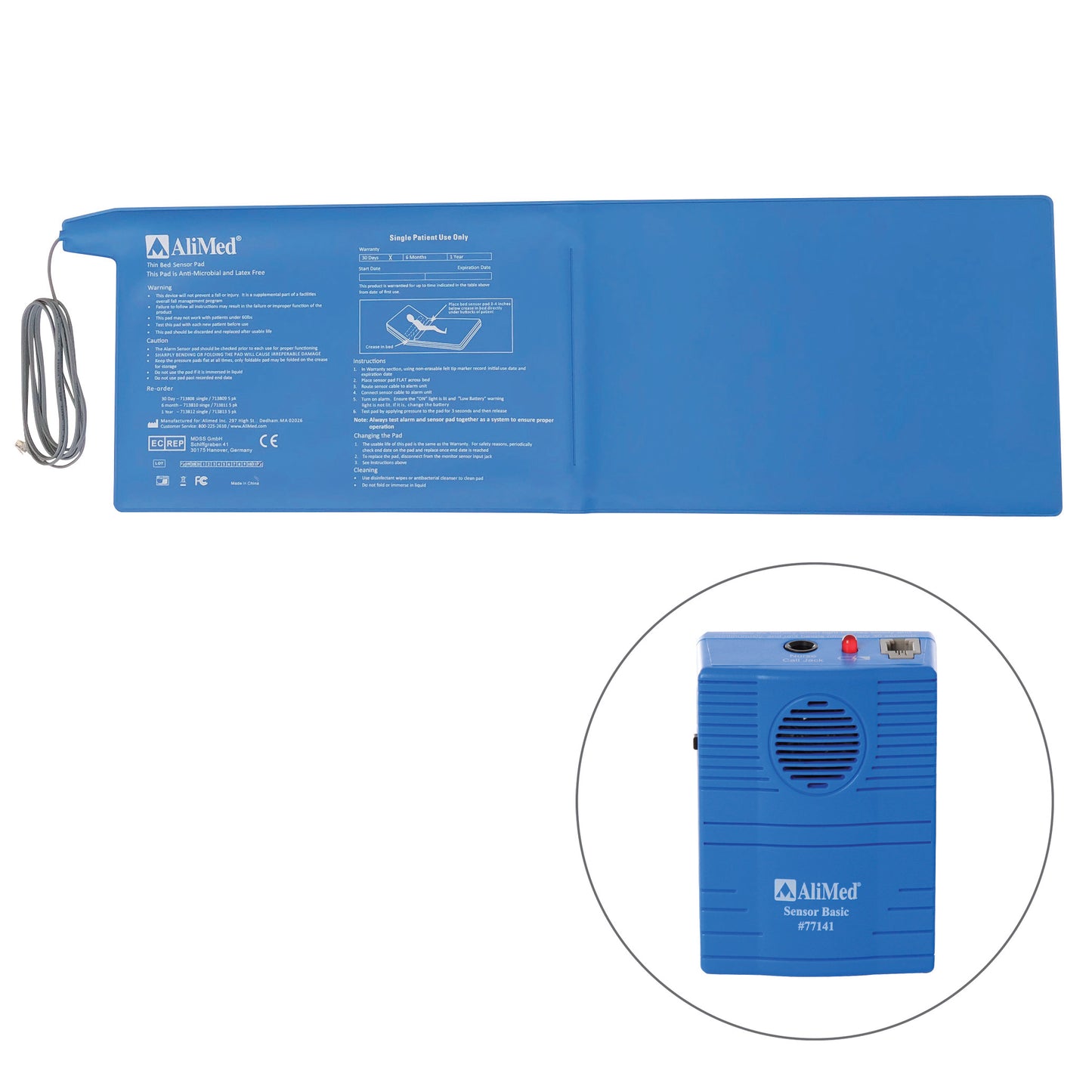 AliMed Basic Sensor Alarm with Bed Sensor Pad features a blue pad with an attached cord and a small blue alarm device depicted separately.