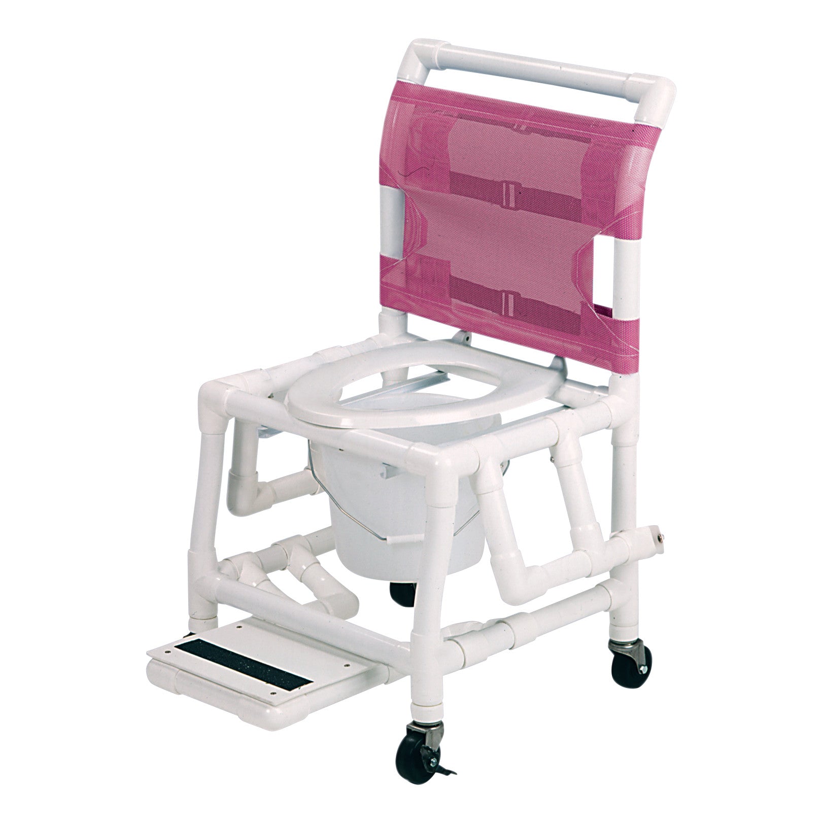 The Healthline Deluxe Shower Commode Chair features a white PVC frame, pink mesh backrest, footrest, and casters for mobility.