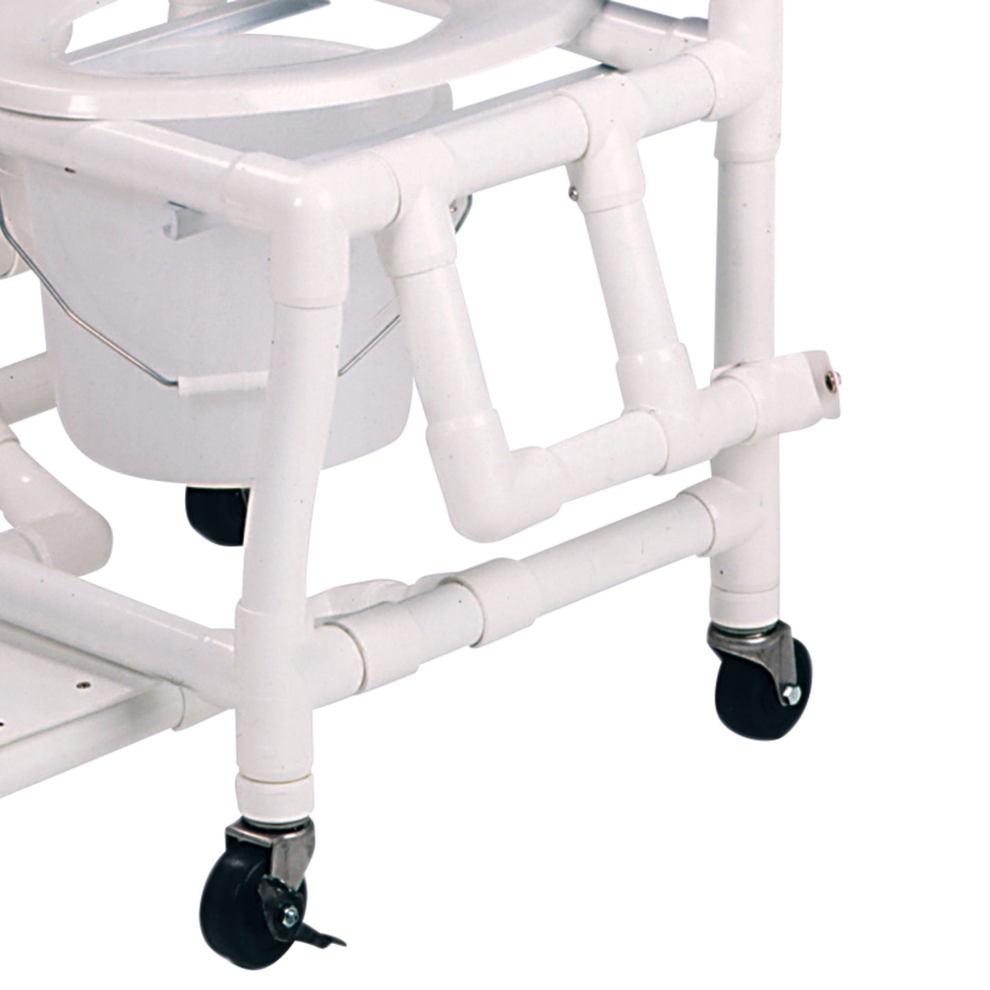 The Drop-Arm for Healthline Deluxe Shower Commode Chair features a white PVC frame with locking casters and a removable bucket.