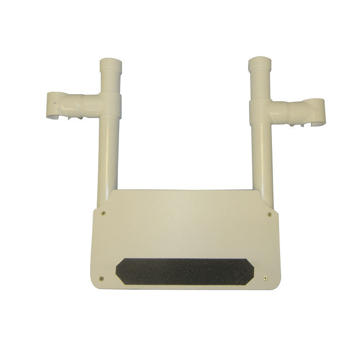 Sliding Footrest for Healthline PVC Shower Commode Chairs, featuring two vertical support pipes and a flat rectangular foot platform.