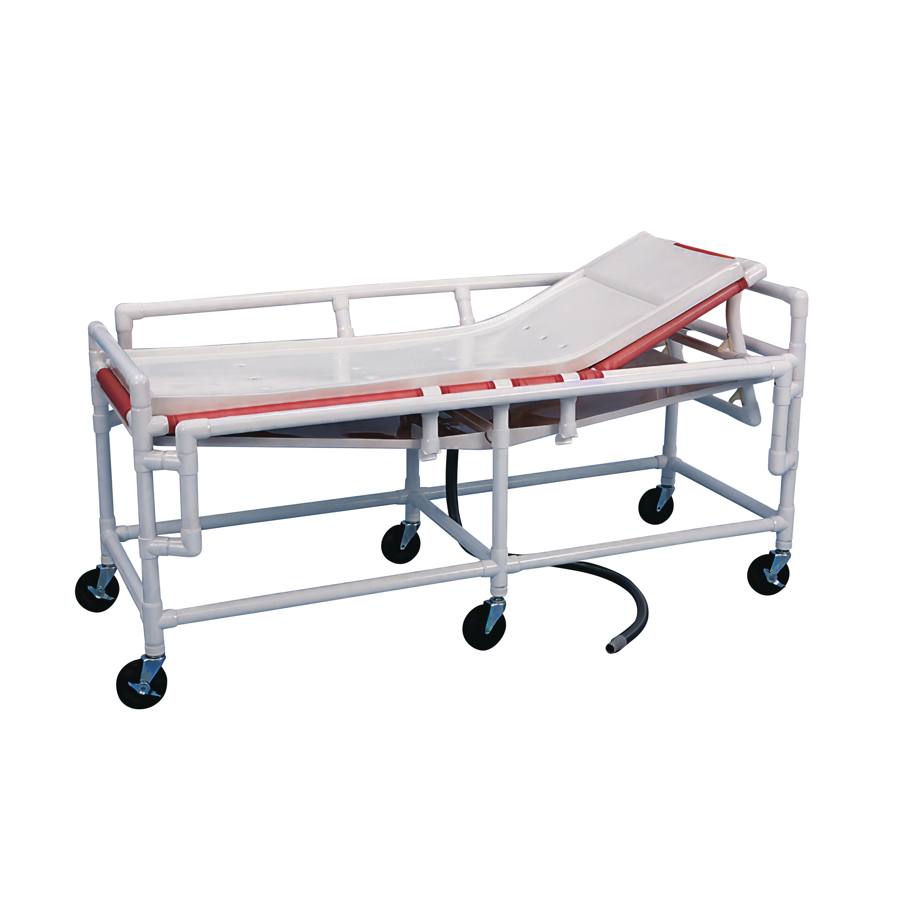 The Healthline Adjustable Back Shower Gurney features a white PVC frame, an adjustable backrest, and four swivel wheels.