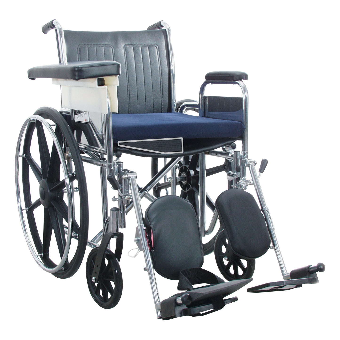 A wheelchair with large rear wheels, footrests, and an AliMed Wheelchair Half Seat Wedge, designed for comfort and stability.
