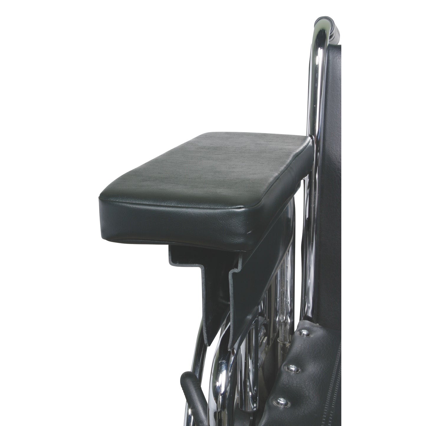 AliMed Extended Width Armrest on a wheelchair, featuring a padded surface and sturdy metal supports for enhanced comfort and stability.