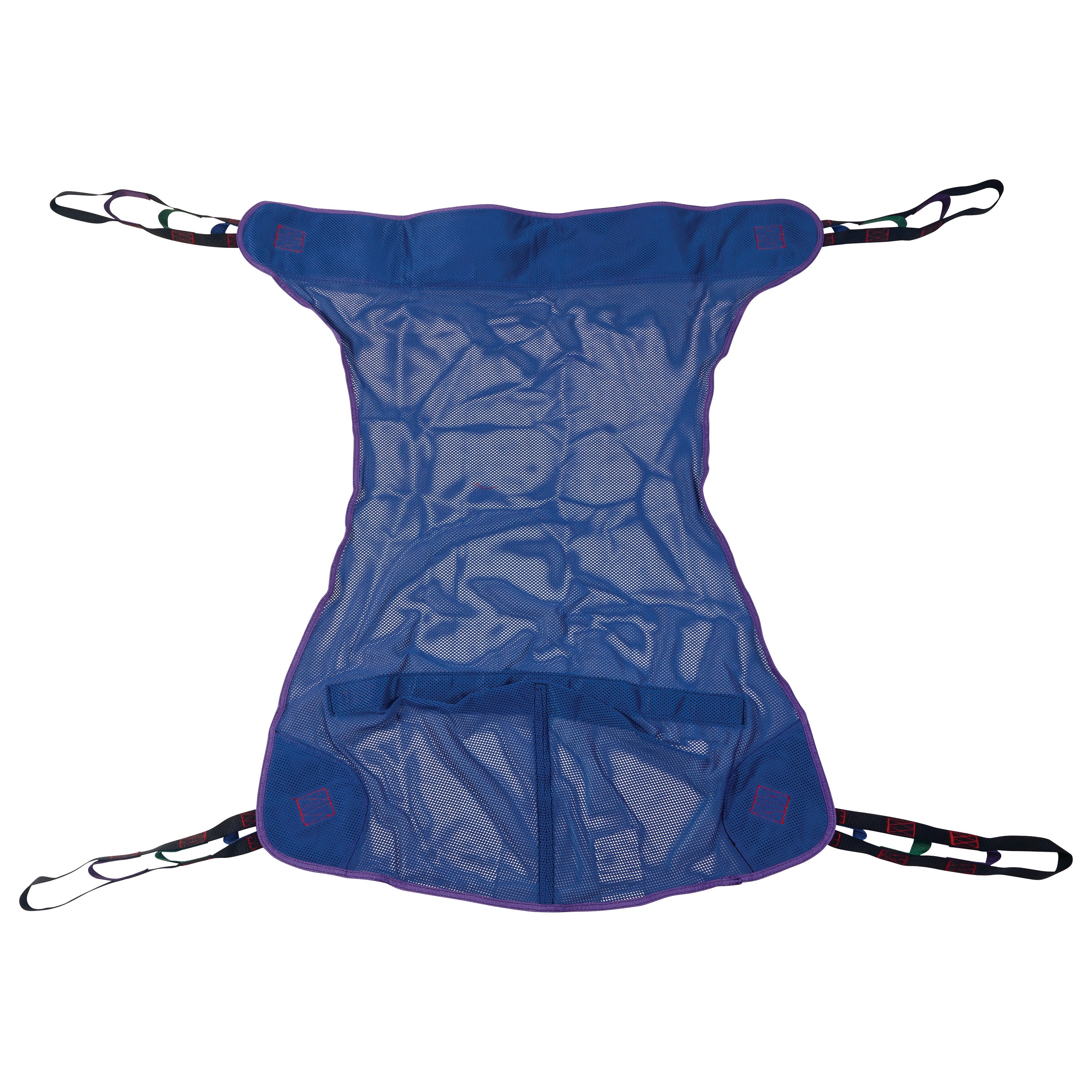 Patient Sling in blue with mesh fabric and multiple loops at the ends, designed for lifting and transferring patients.