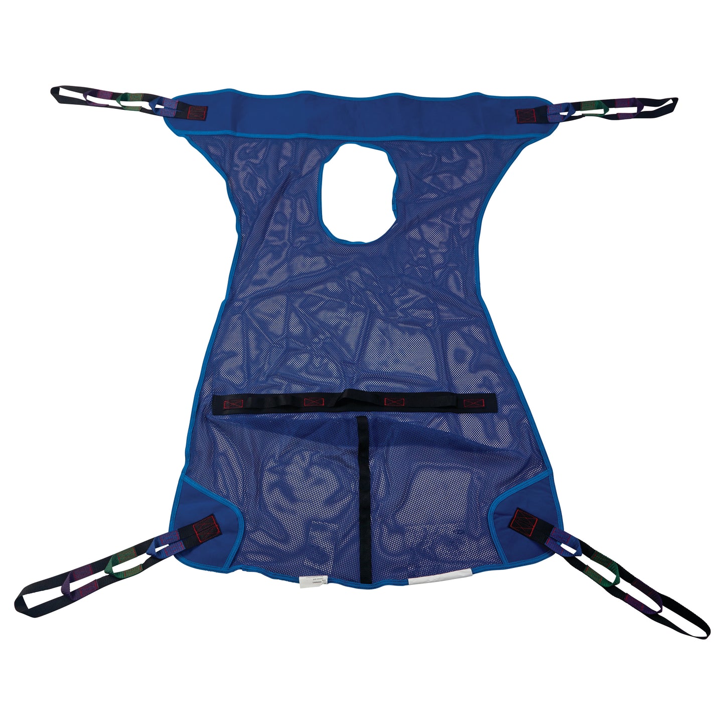 Invacare Full Body Patient Sling with Commode Opening, blue mesh design with multiple strap attachments for support.
