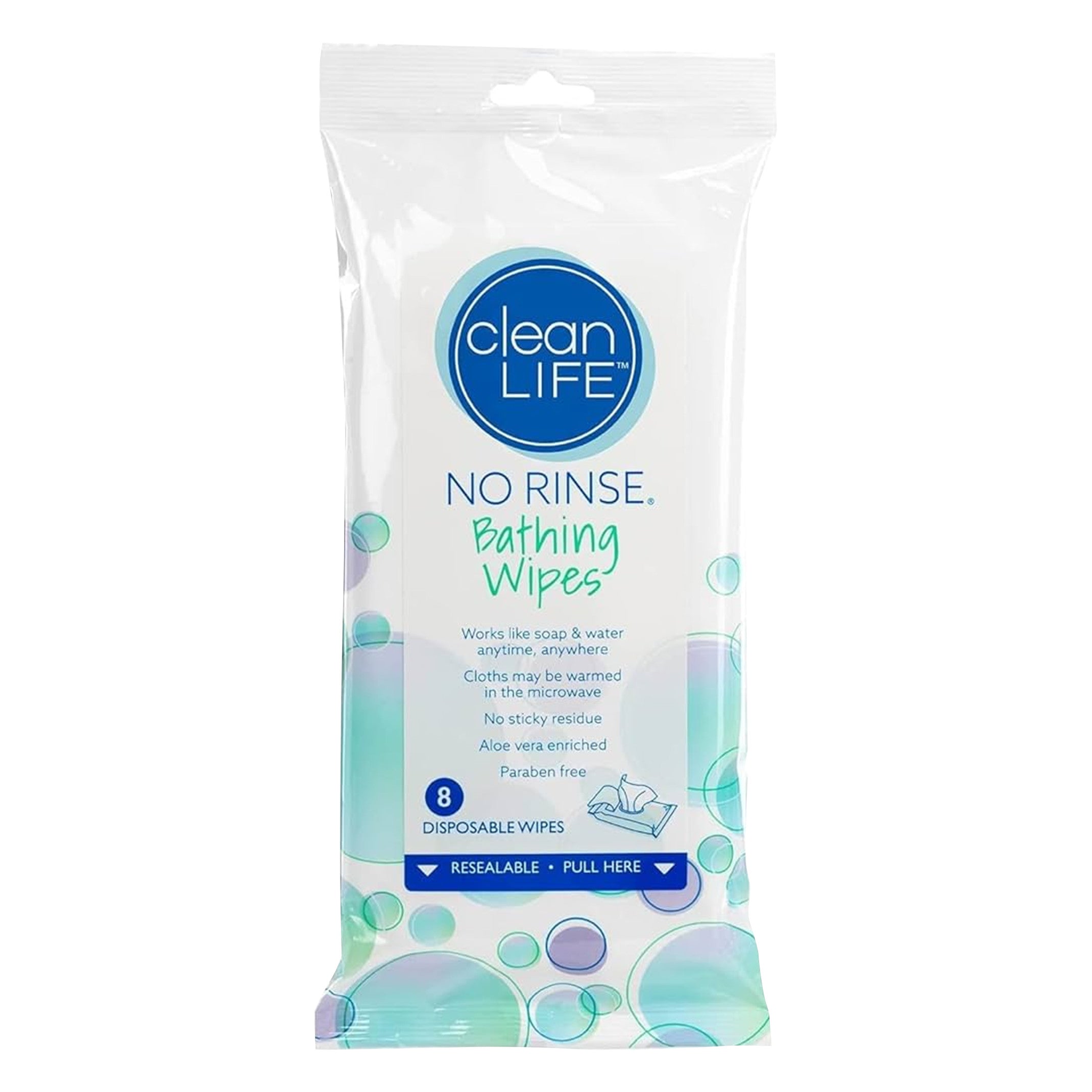 A package of No Rinse Bathing Wipes, aloe vera enriched, paraben-free, with 8 resealable disposable wipes for quick cleaning.