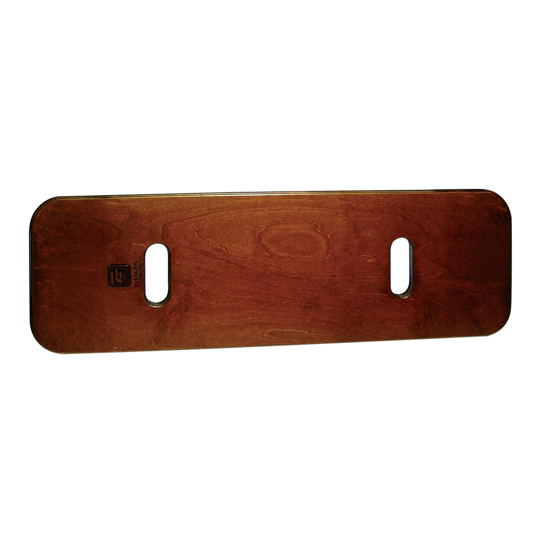 Therafin Heavy-Duty Transfer Board made of wood with two hand slots, designed for patient transfers, features rounded edges.