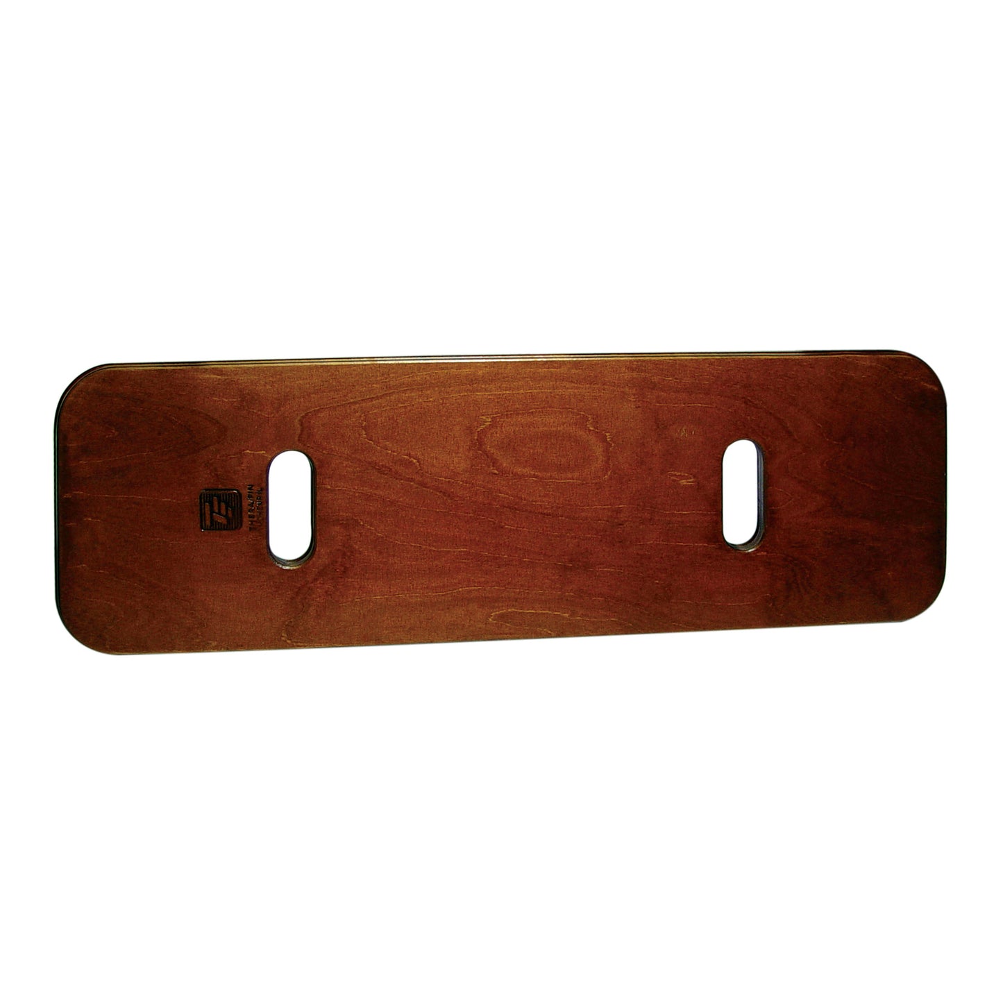 Therafin Heavy-Duty Transfer Board made of wood with two hand slots, designed for patient transfers, features rounded edges.