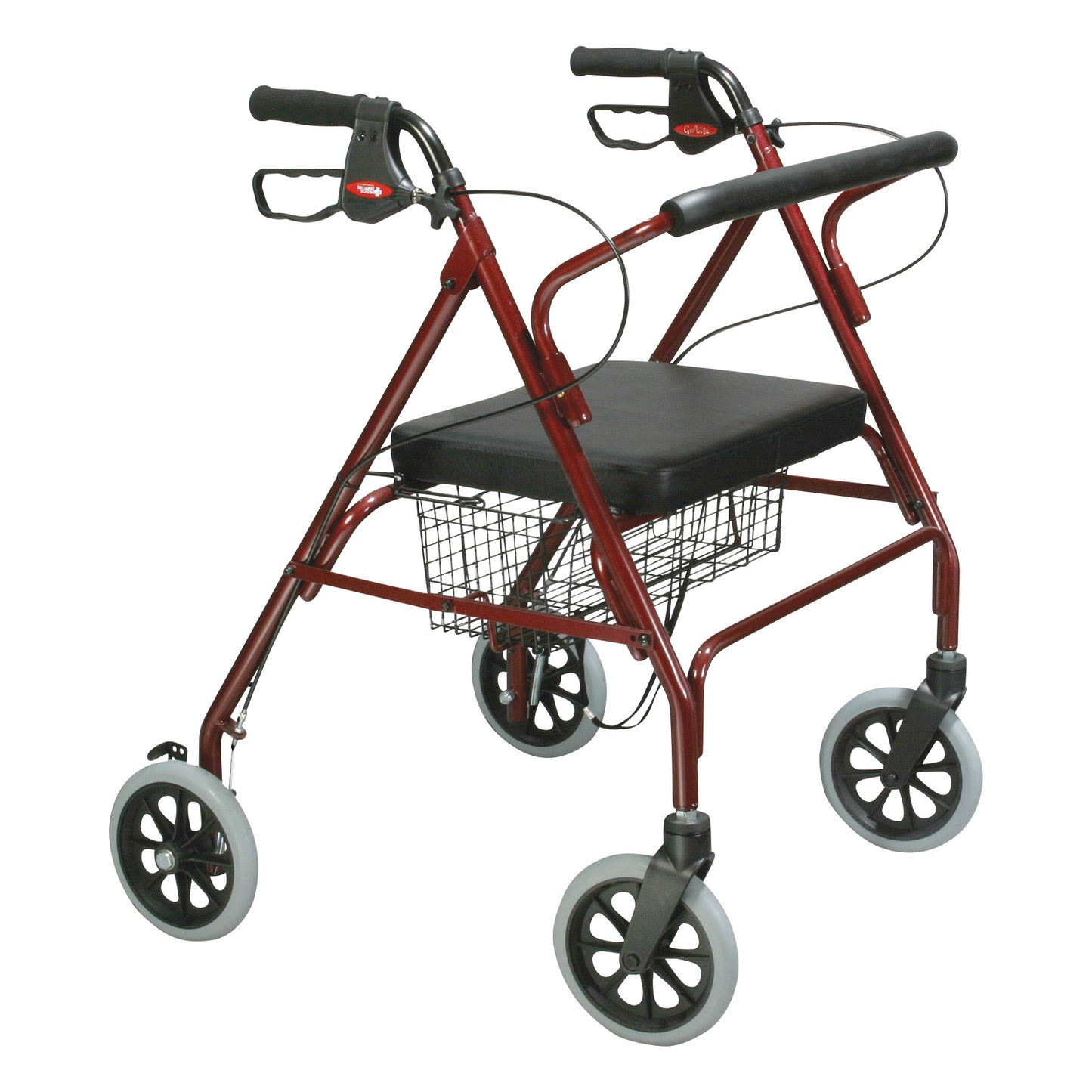 Drive Medical Go-Lite Bariatric Rollator, featuring a red frame, four wheels, padded seat, and a basket underneath for storage.