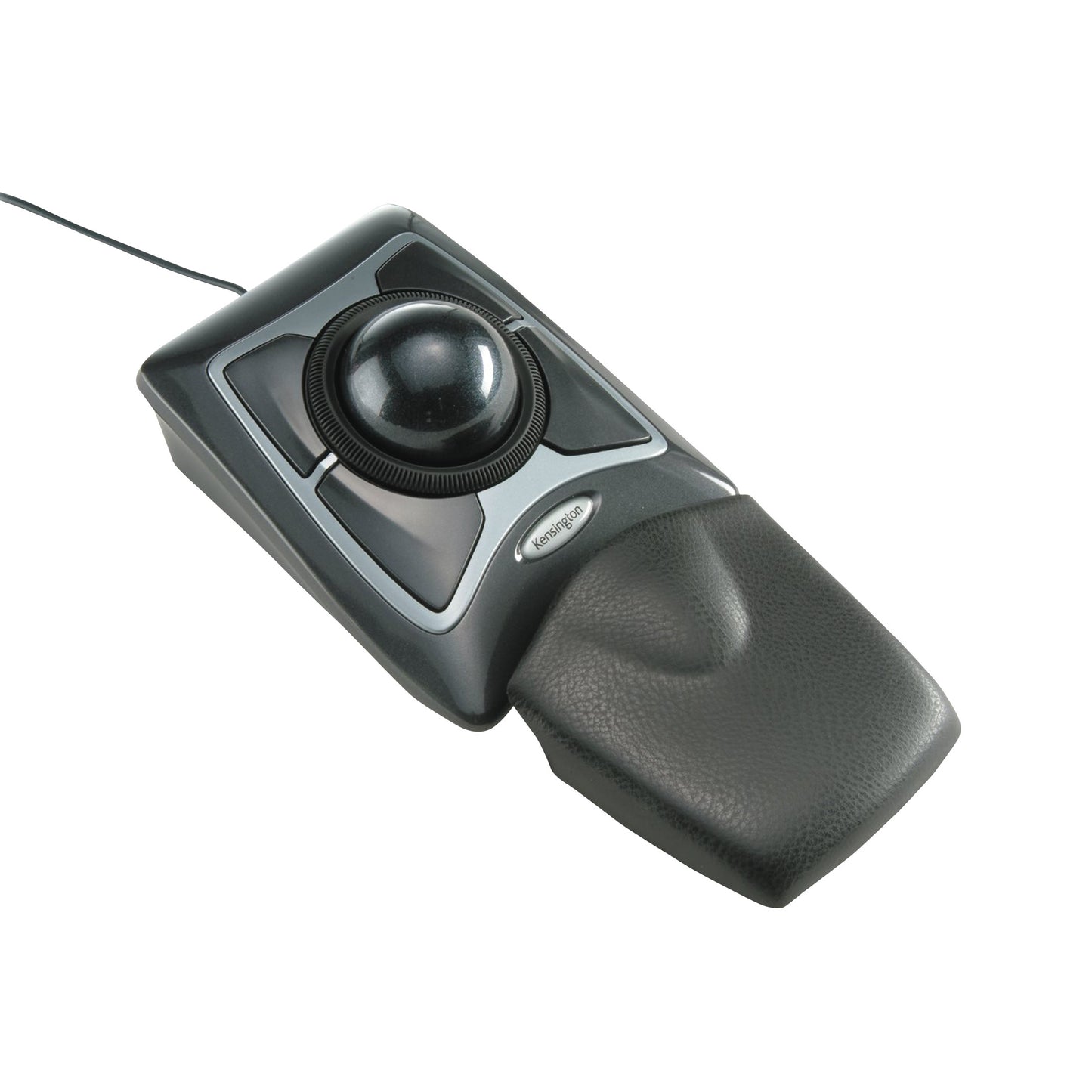 A Kensington Expert Mouse Wired Trackball featuring a large black trackball, four buttons, and a cushioned wrist rest.