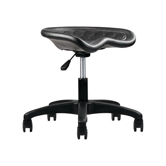 The Neutral Posture Stratus Urethane Stool features a contoured black seat, adjustable height, and five caster wheels for mobility.