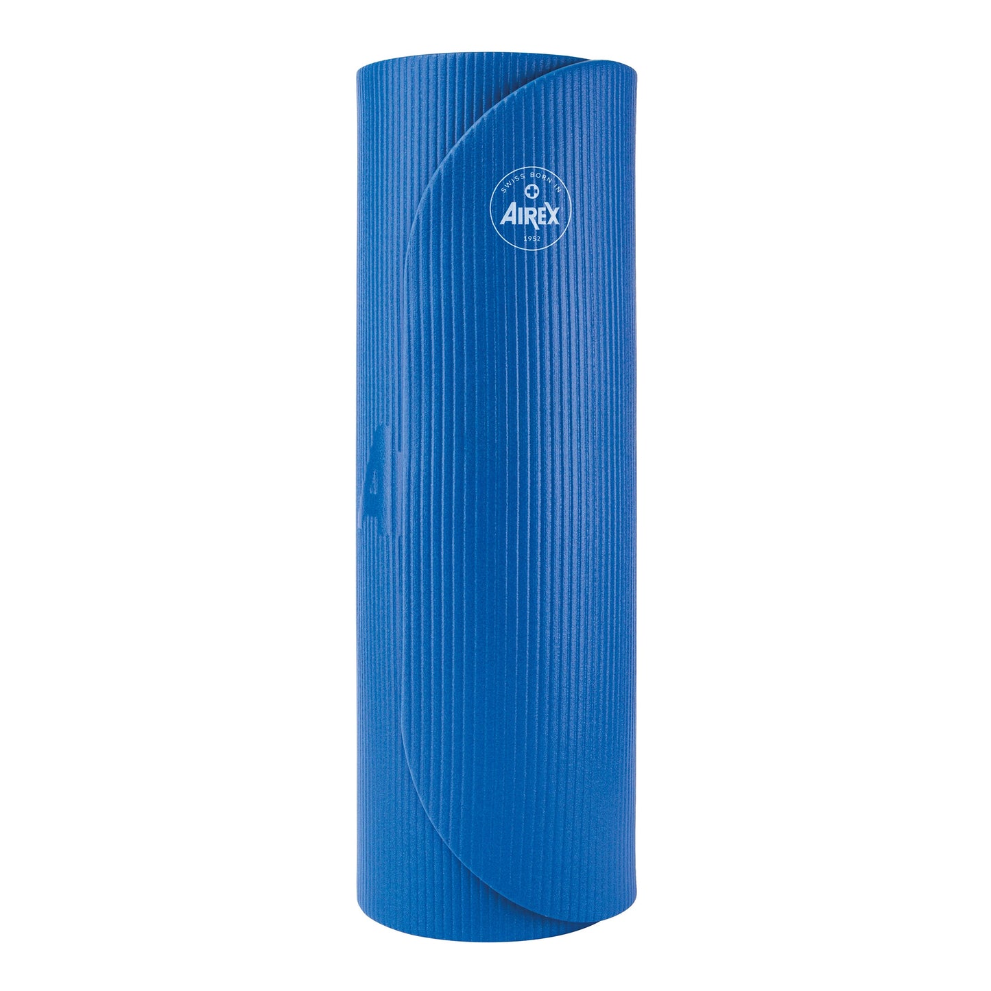 A blue AIREX Corona Exercise Mat is rolled up, showing its ribbed texture and logo near the top.