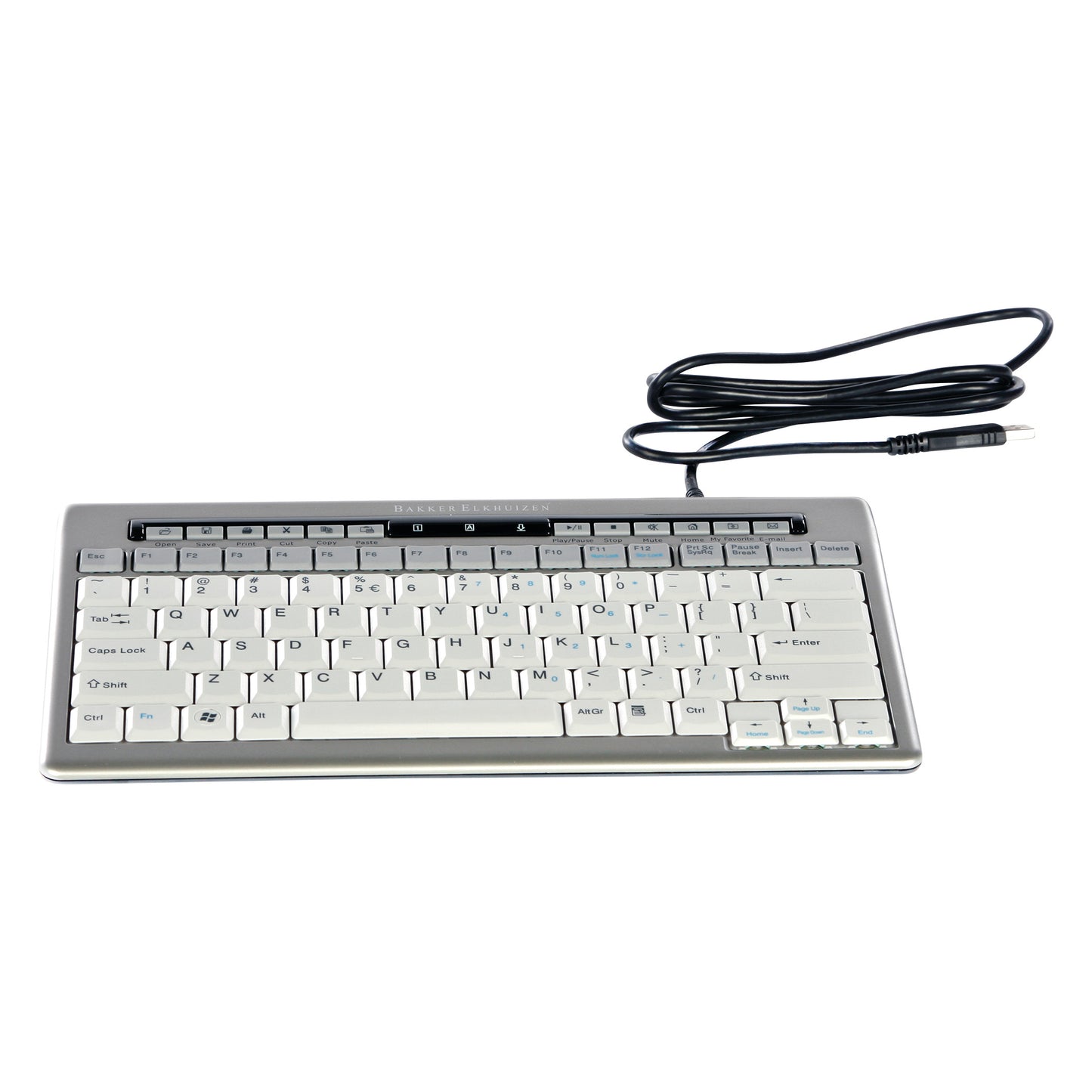 S-Board Slim Keyboard with a compact design, featuring white keys and a black wired connection cable coiled on top.