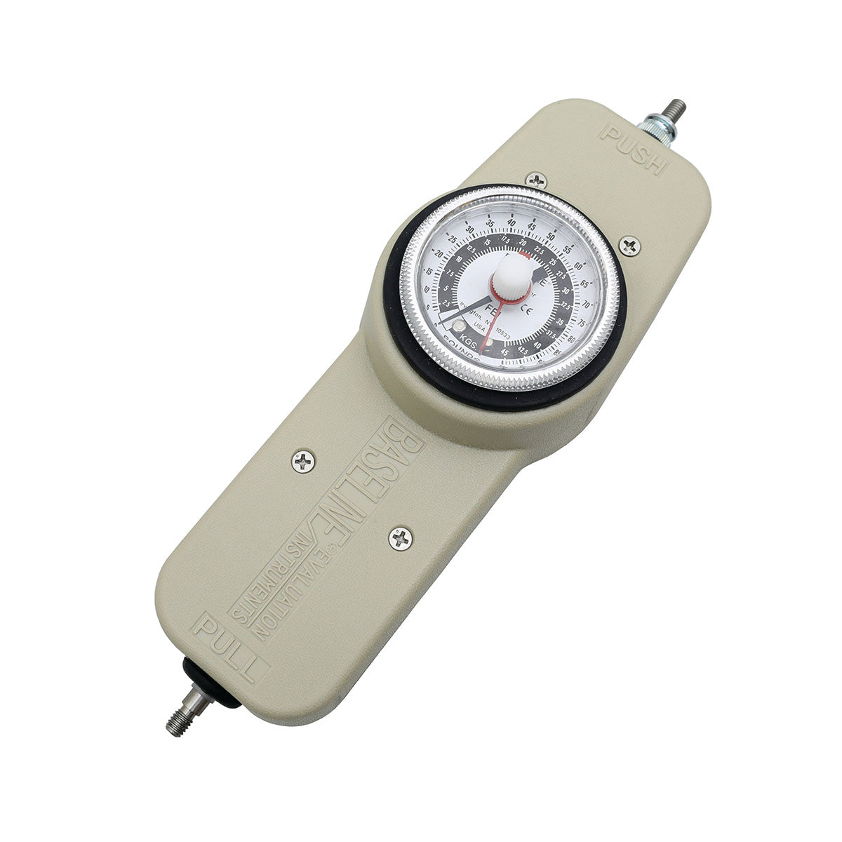 The Baseline Push-Pull Dynamometer System is shown with a dial and measurement indicators on a beige handheld device.
