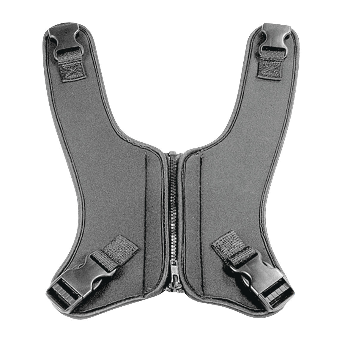 The Therafin Zip-up Butterfly Vest is a dark, adjustable support vest with clips and a central zipper designed for secure fastening.