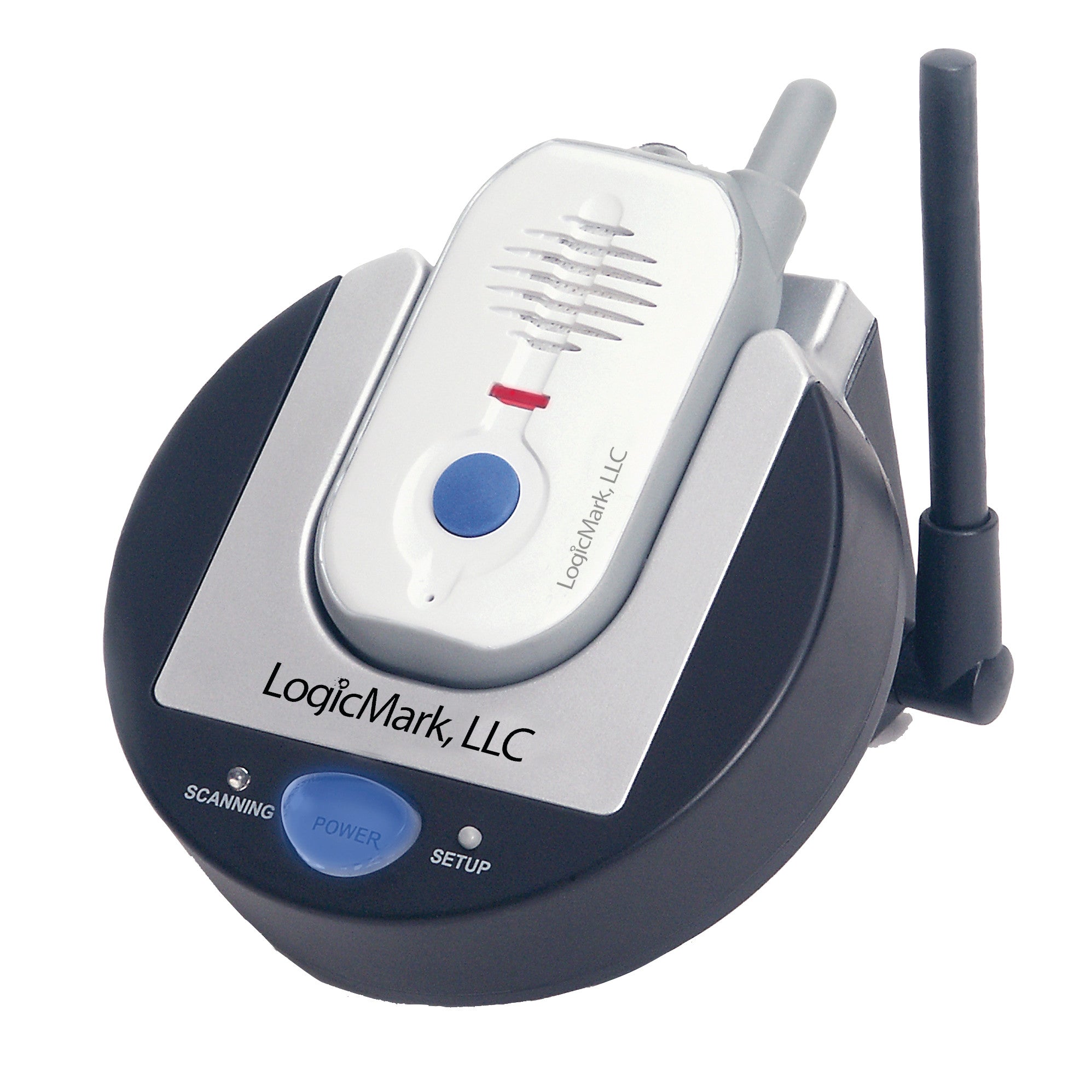 The Guardian 911 device with a base, featuring a blue power button, is primarily used for emergency communication assistance.