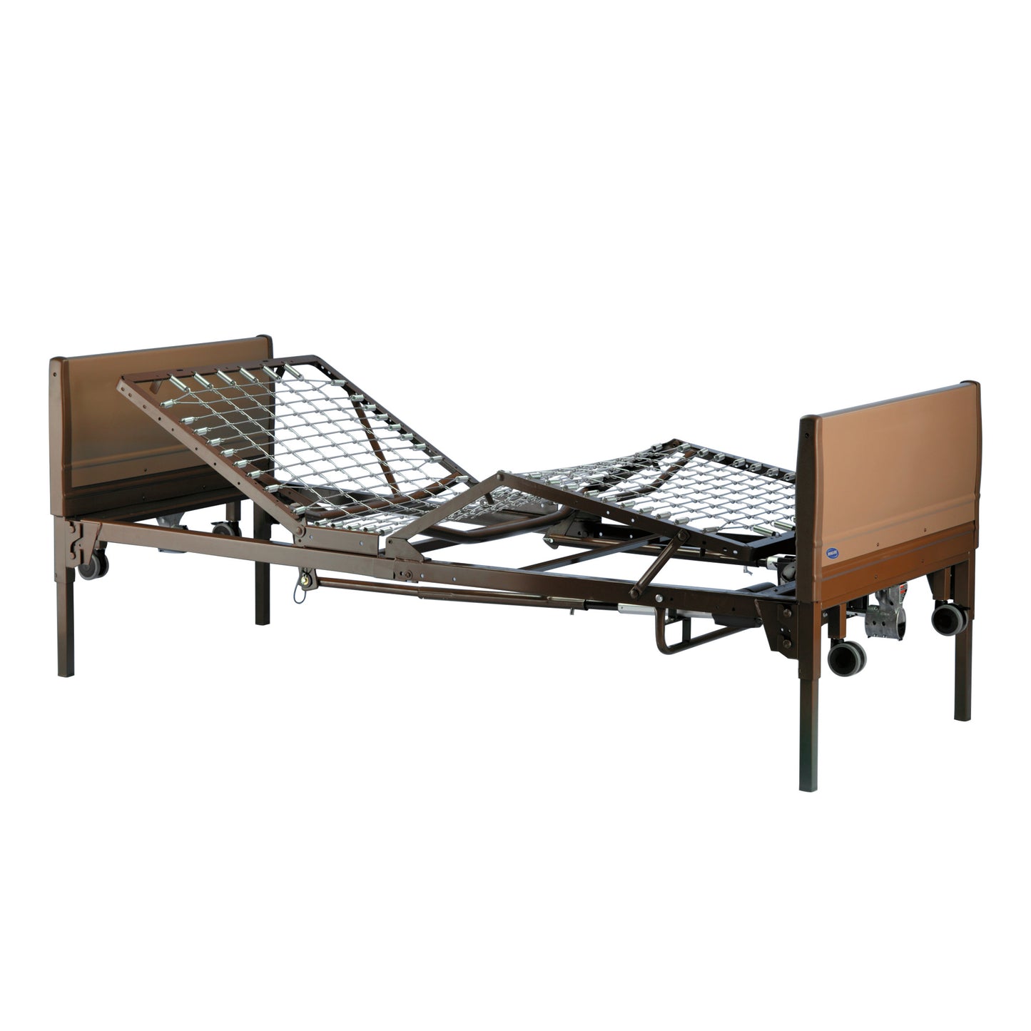 The Invacare Full-Electric Low Bed features an adjustable metal frame with mesh support, suitable for patient care in medical settings.