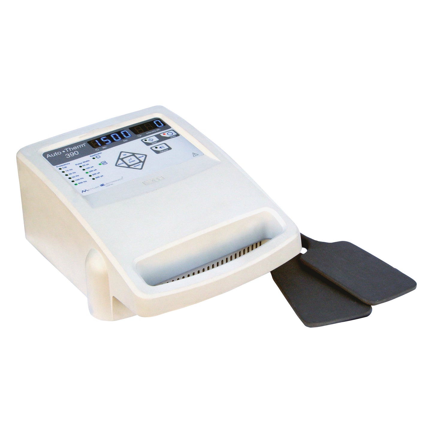 Mettler AutoTherm 390 Shortwave Diathermy device with a digital display and attached applicator pads on a white background.