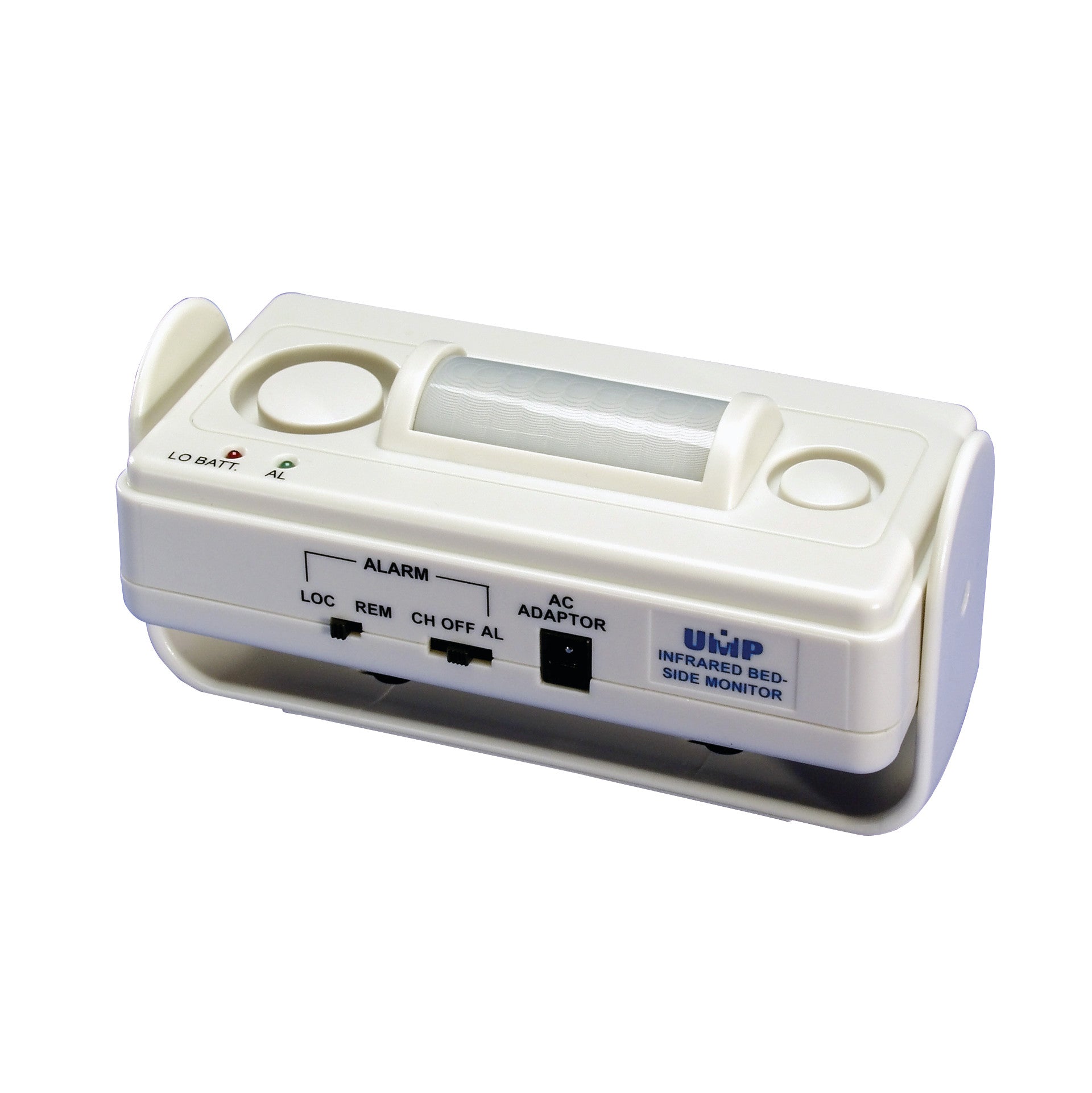 UMP Infrared Bedside Alarm, a small white device with switches for alarm settings and AC adapter, designed for patient monitoring.