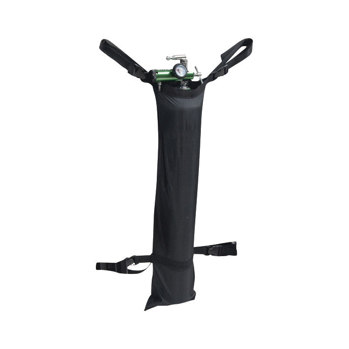 A black Drive Medical Oxygen Cylinder Bag for Wheelchair with a green tank, pressure gauge, and straps for wheelchair attachment.