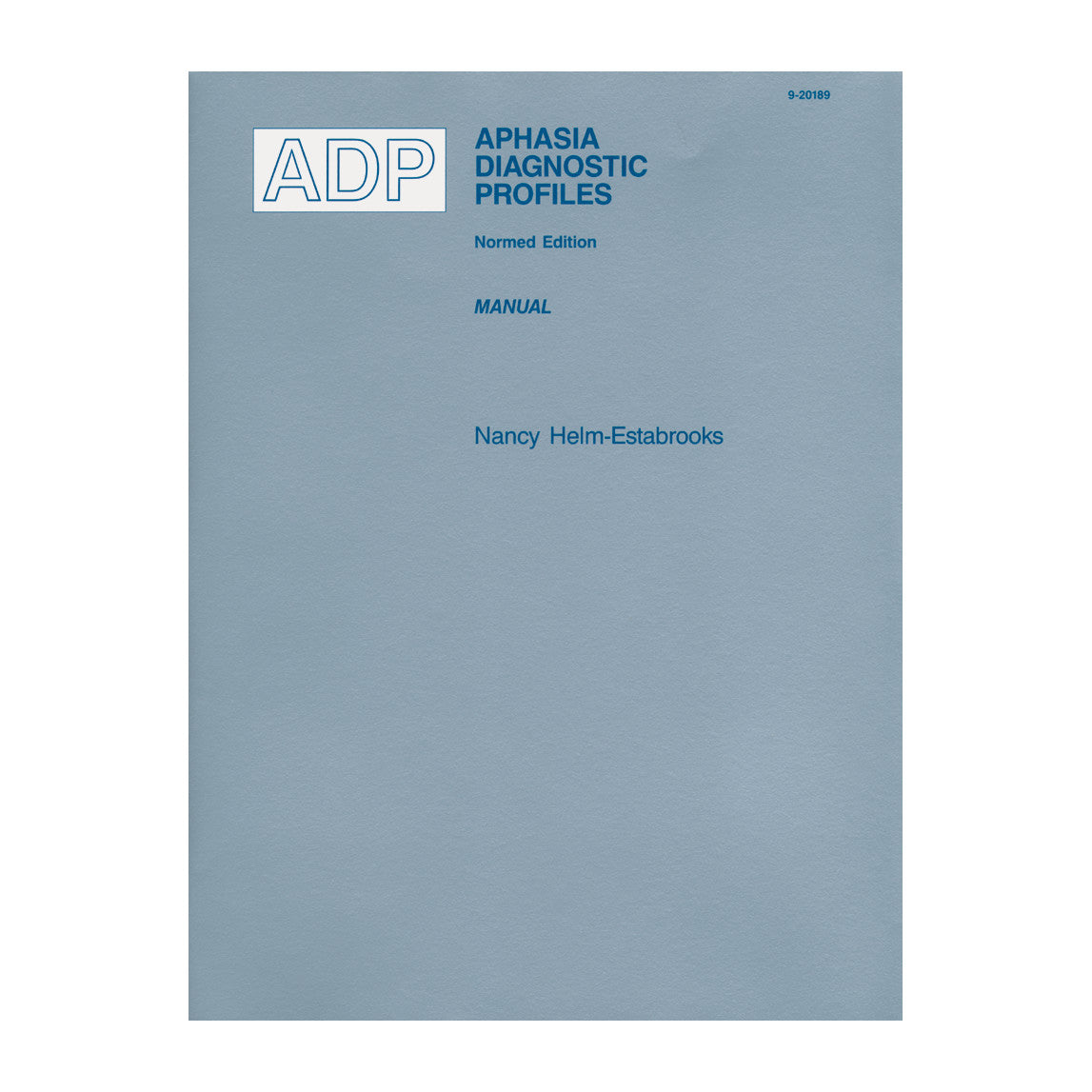 A blue cover of a manual titled "Aphasia Diagnostic Profiles (ADP) Normed Edition" by Nancy Helm-Estabrooks is displayed.