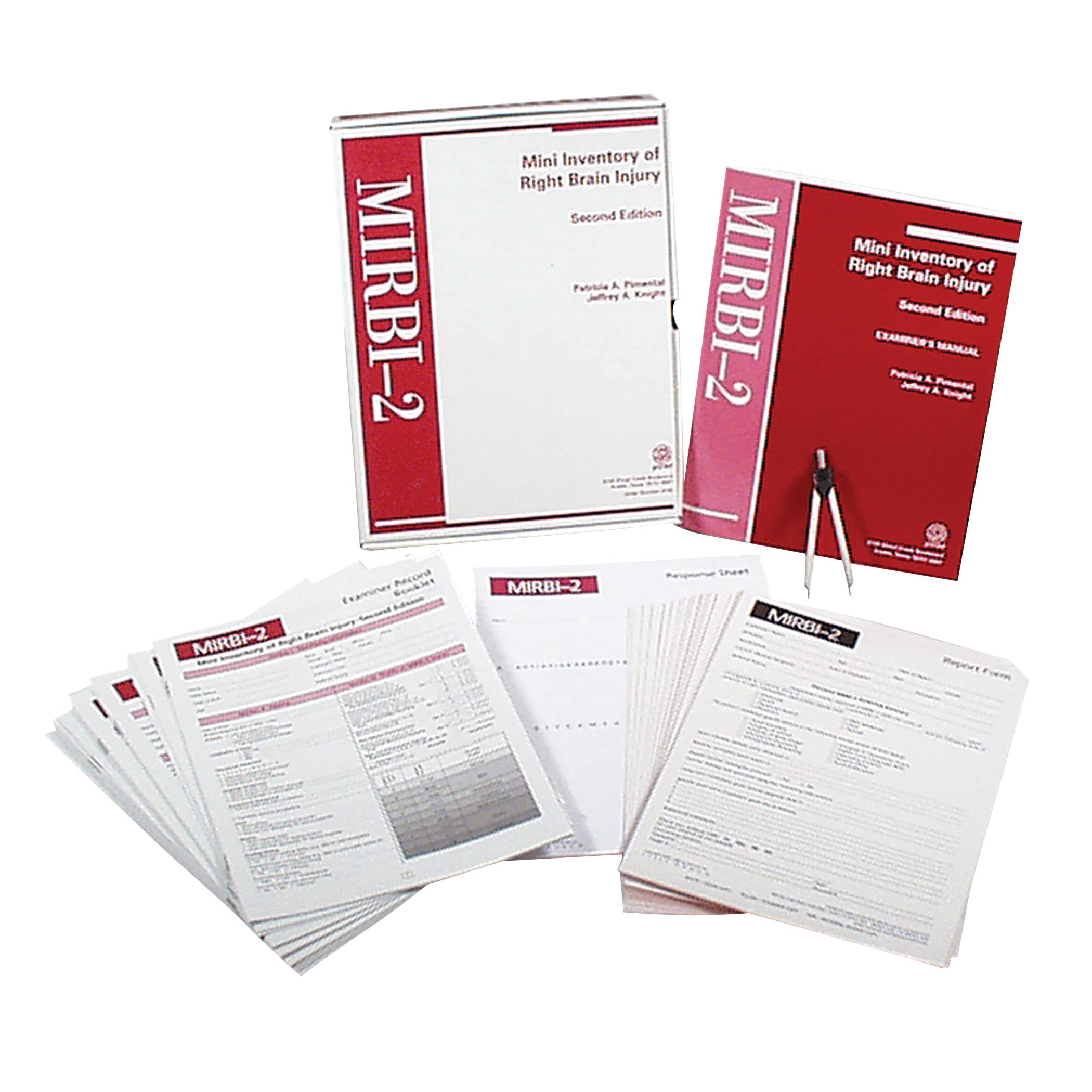Mini-Inventory of Right Brain Injury (MIRBI-2) assessment kit with manuals, blank forms, and a pen displayed on a white surface.