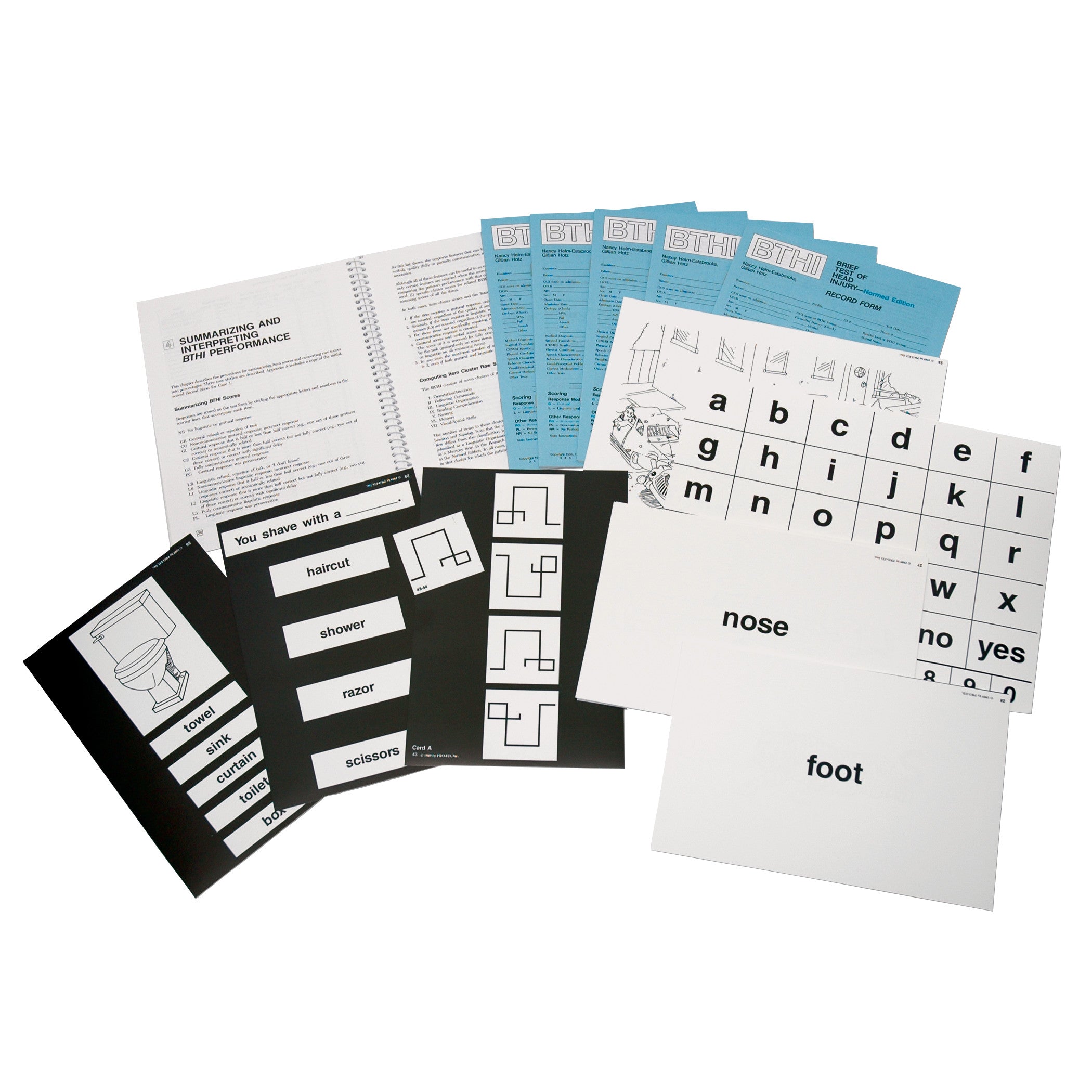 The Brief Test of Head Injury (BTHI) kit includes various cards and forms with illustrations and text for assessment purposes.
