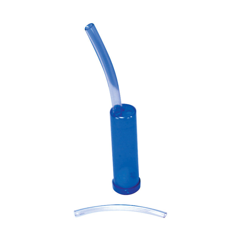 A blue Breath Builder device with a curved tube and an additional detachable transparent tube placed below.
