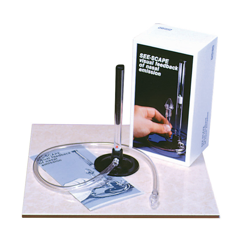 See-Scape Speech Assessment Tool with a tube, black base, and packaging for nasal emission visual feedback on a tile surface.
