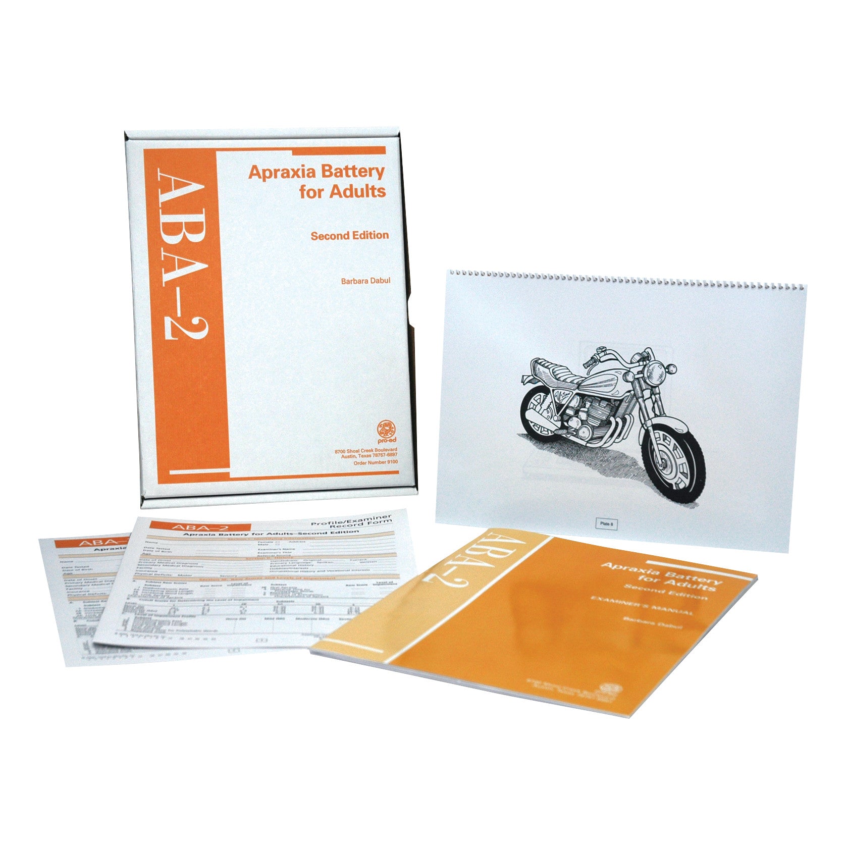 The Apraxia Battery for Adults, 2nd Ed. (ABA-2) includes examiner record forms, a manual, and an illustrated booklet with a motorcycle image.
