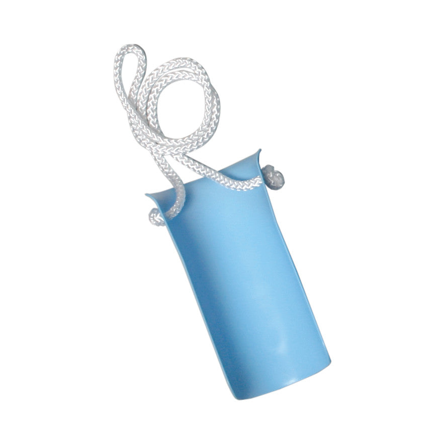 The AliMed Single-Cord Sock Aid is a blue plastic device with a white rope, designed to help users put on socks easily.