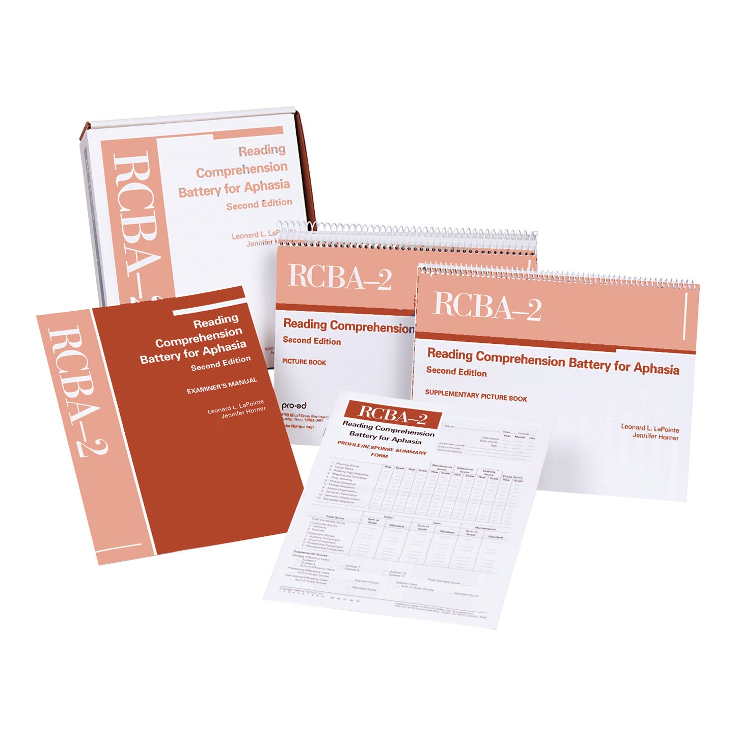 Reading Comprehension Battery For Aphasia, 2nd Ed. (RCBA-2) kit includes manuals, picture books, and summary forms for assessment.