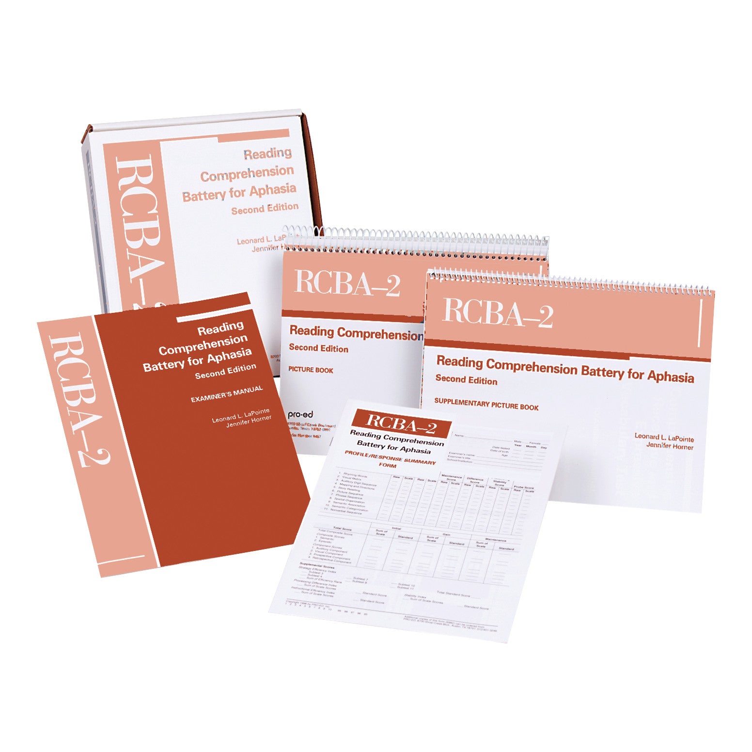 Reading Comprehension Battery For Aphasia, 2nd Ed. (RCBA-2) kit includes manuals, picture books, and summary forms for assessment.