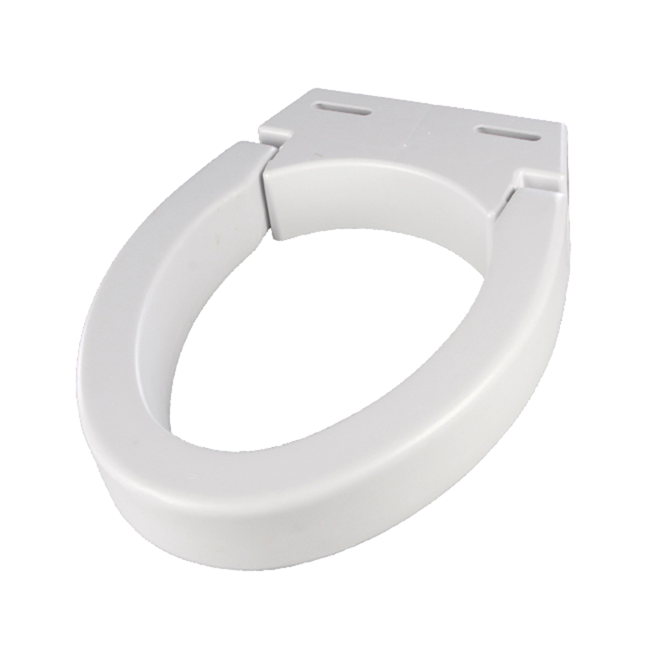 A white Hinged Elevated Toilet Seat designed to raise the sitting height for easier access and increased comfort.