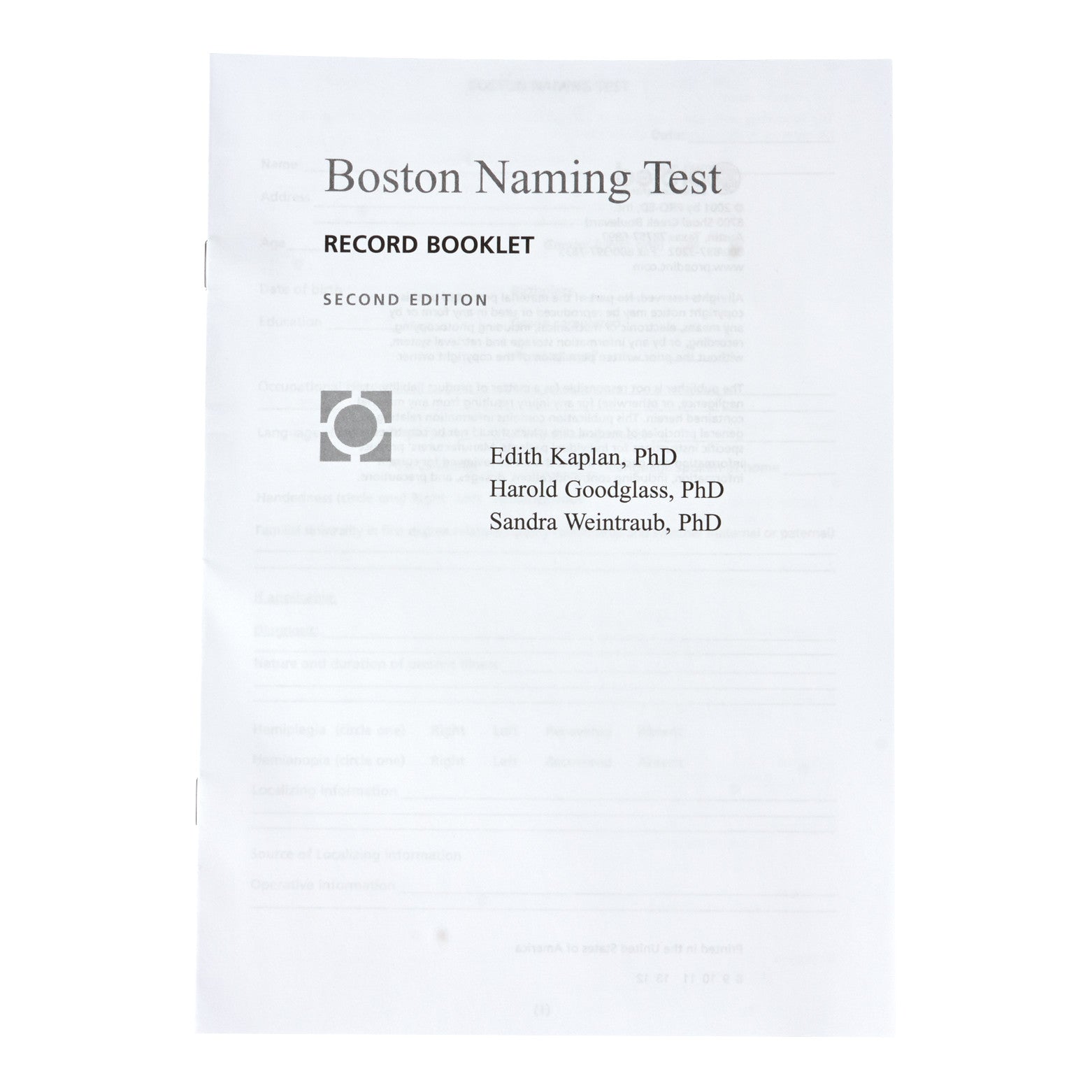 The Boston Naming Test, 2nd Ed. (BNT-2) Record Booklet cover lists authors Edith Kaplan, Harold Goodglass, and Sandra Weintraub.