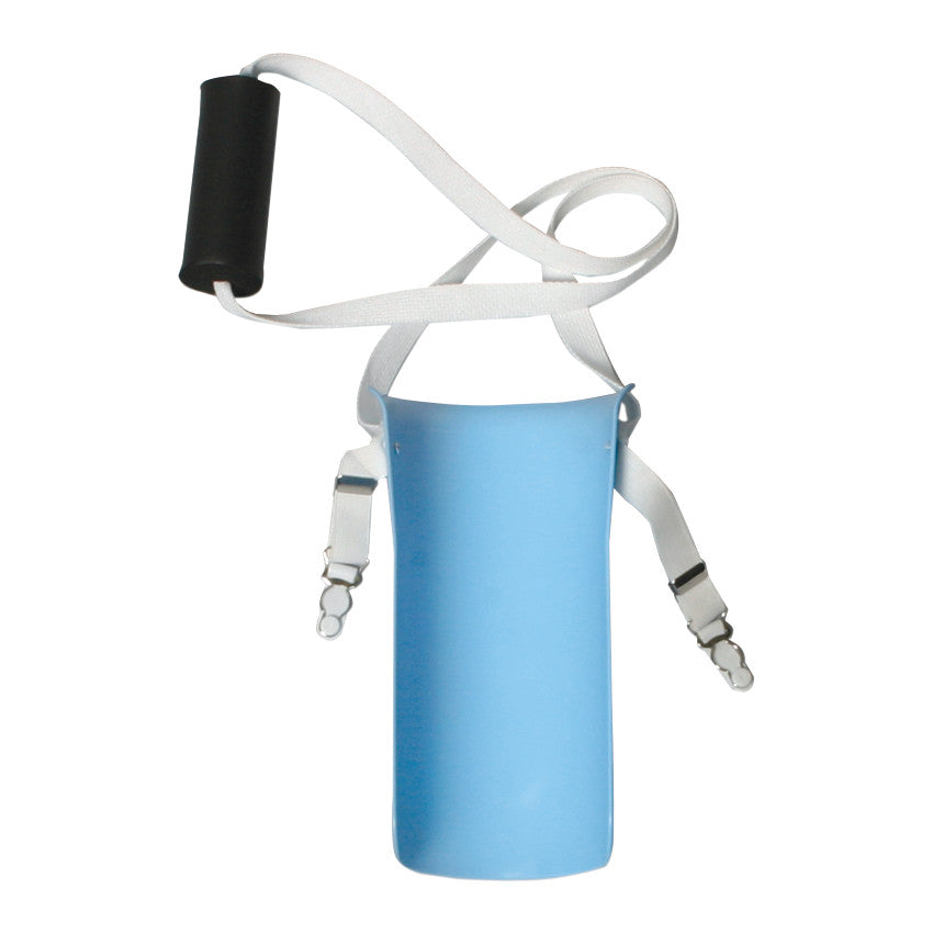 AliMed Single-Cord Sock Aid with Foam Handle features a blue plastic shell and white strap with a black foam handle for easy sock application.